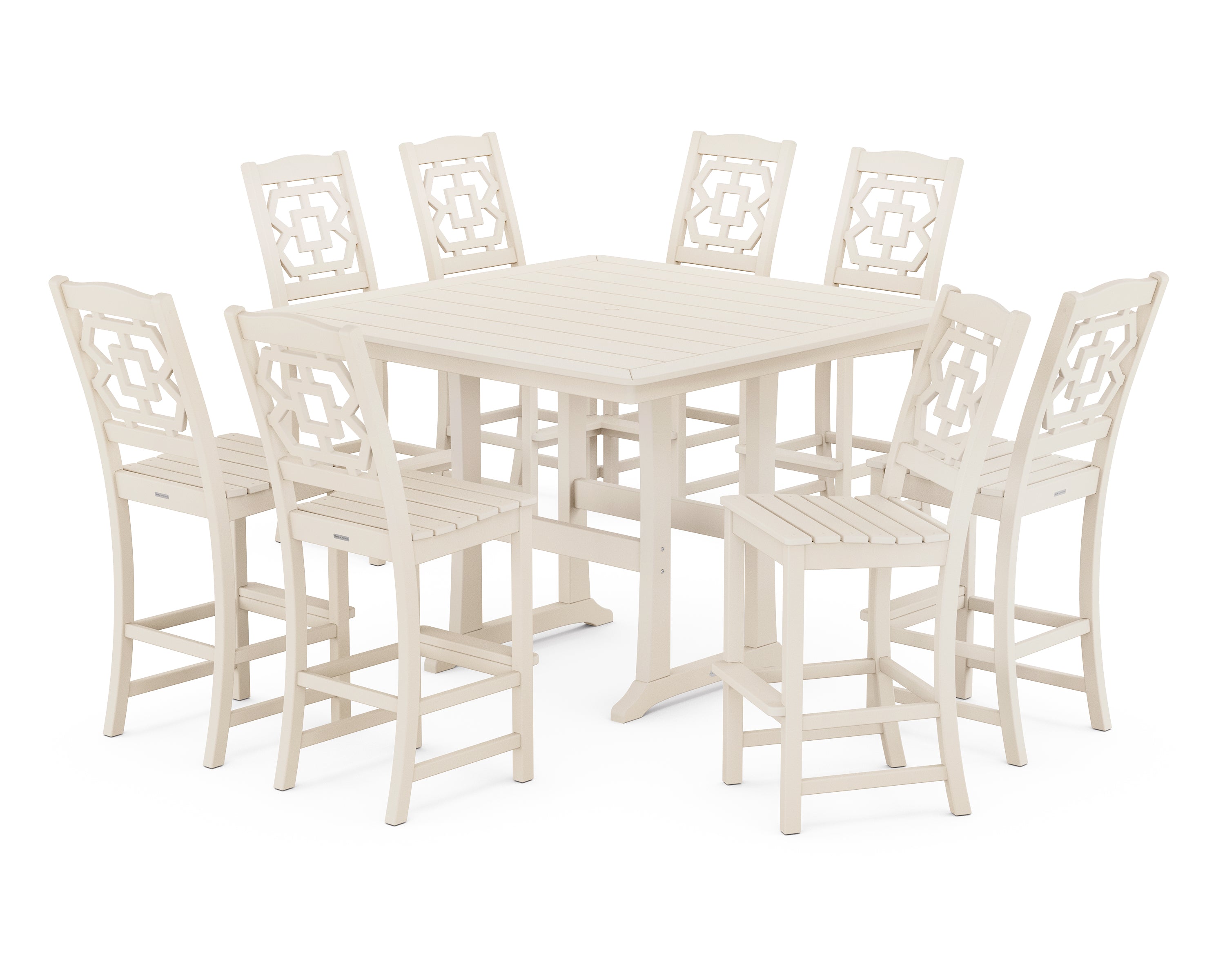 Martha Stewart by POLYWOOD® Chinoiserie 9-Piece Square Side Chair Bar Set with Trestle Legs in Sand