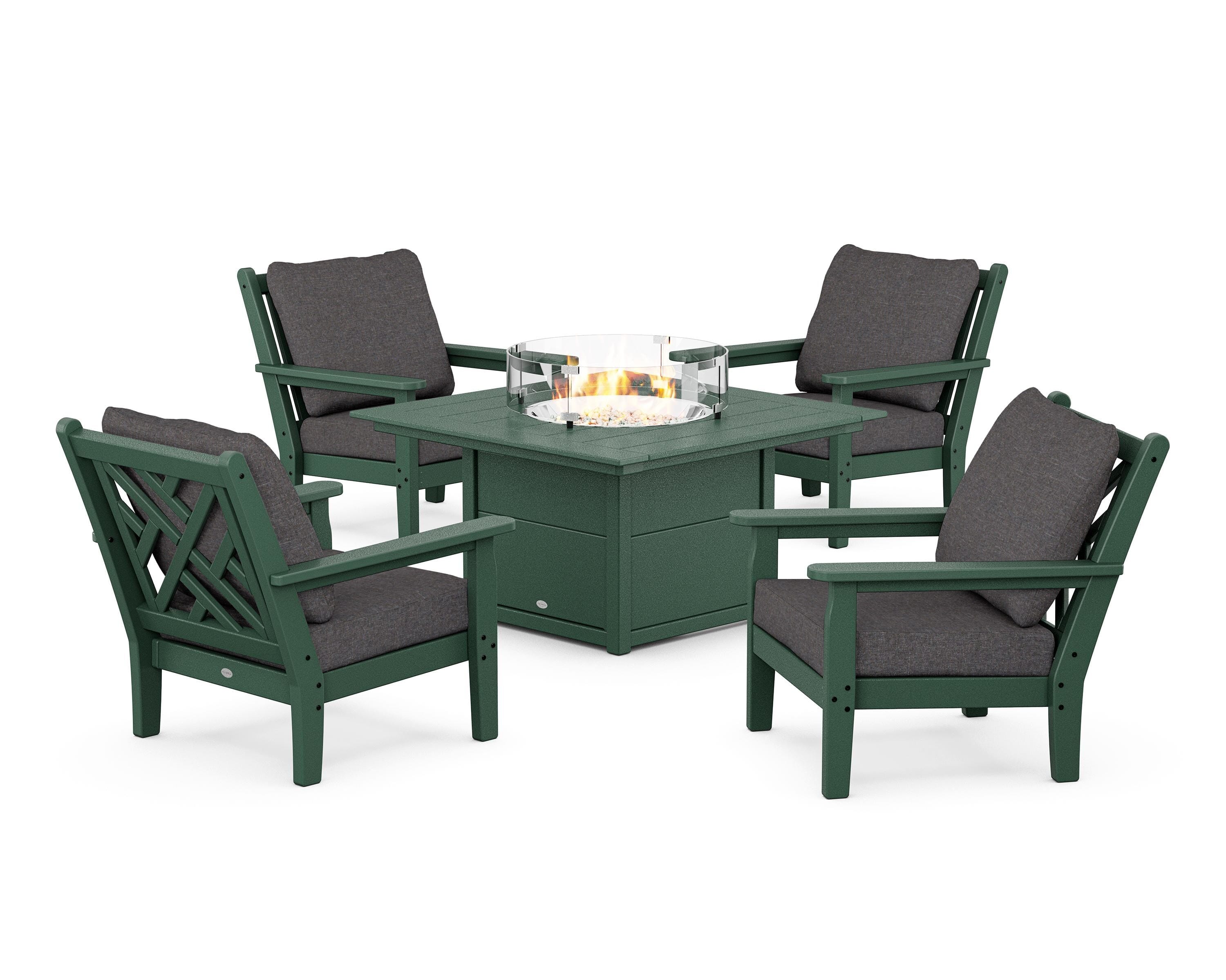 POLYWOOD Chippendale 5-Piece Deep Seating Set with Fire Pit Table in Green / Ash Charcoal
