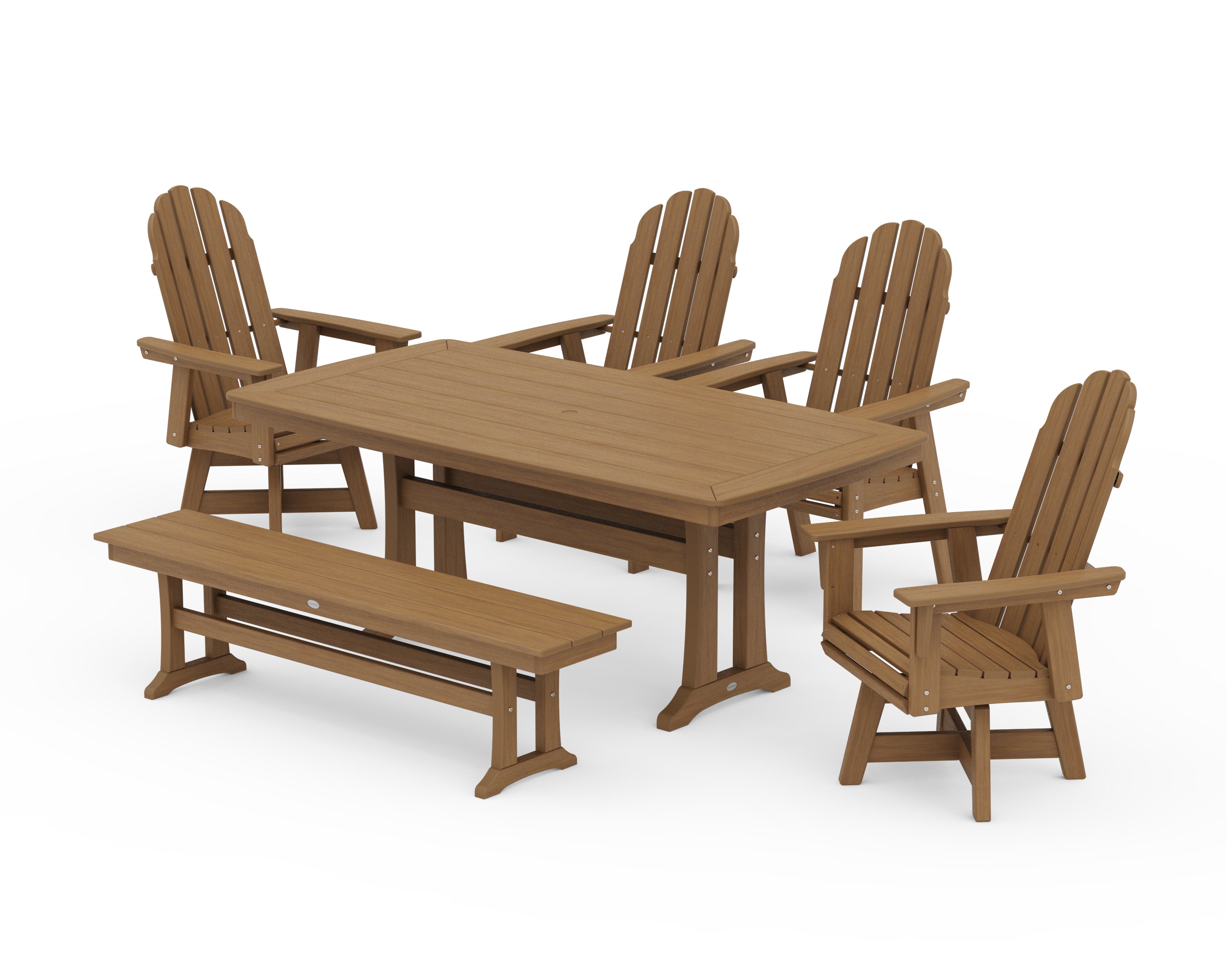 POLYWOOD Vineyard Curveback Adirondack Swivel Chair 6-Piece Dining Set with Trestle Legs and Bench in Natural
