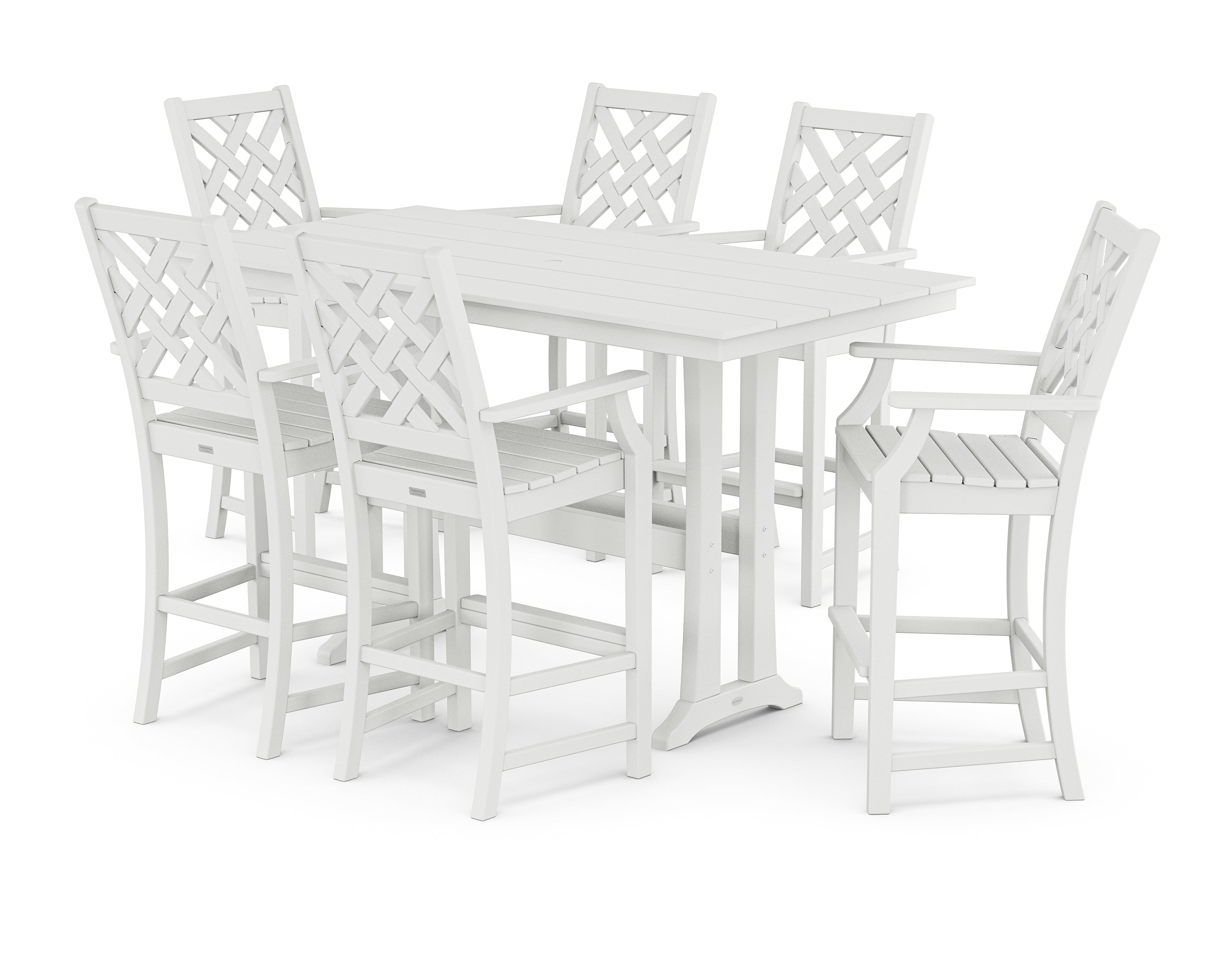 Country Living Wovendale Arm Chair 7-Piece Farmhouse Bar Set with Trestle Legs in White