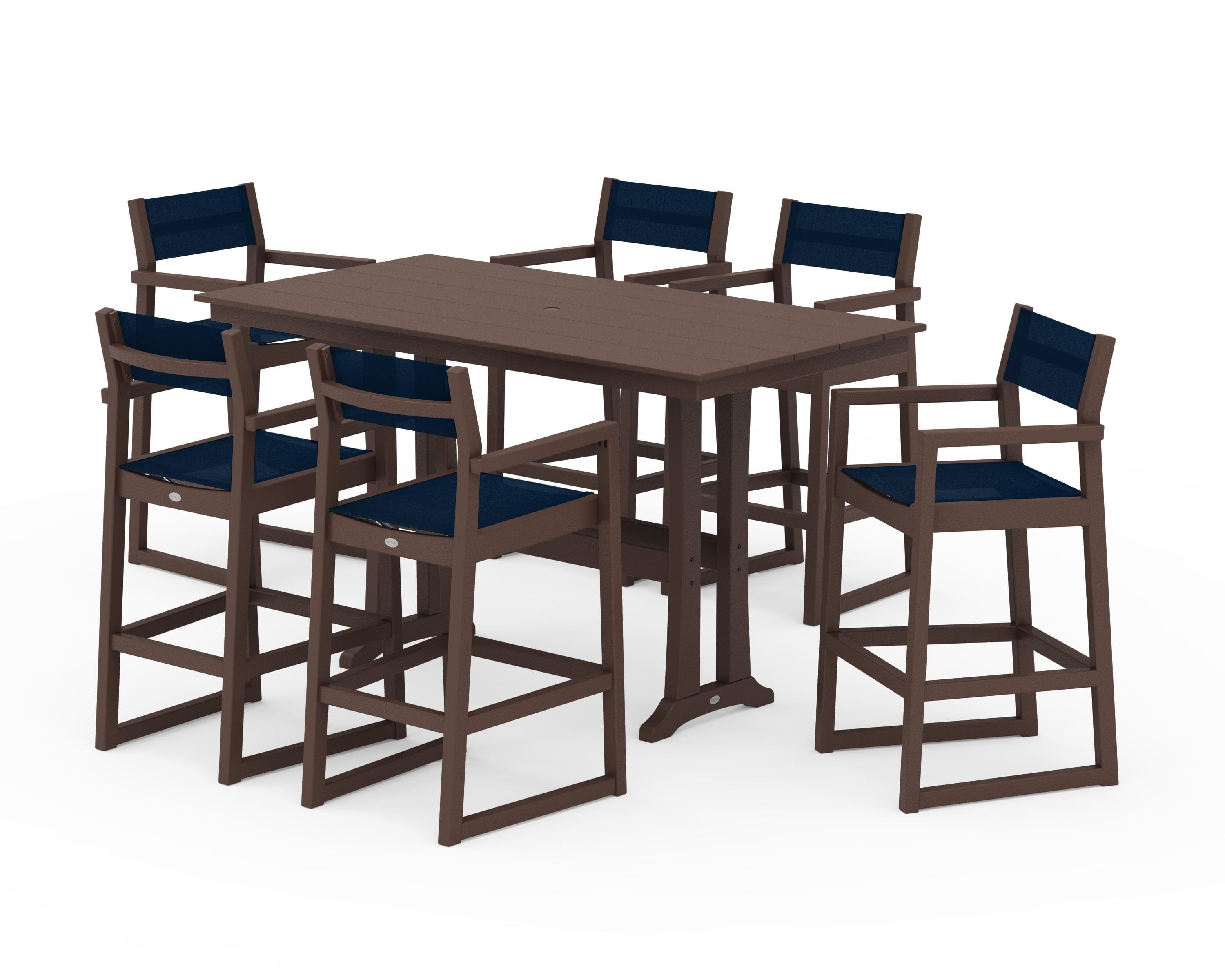 POLYWOOD EDGE Sling Arm Chair 7-Piece Farmhouse Bar Set with Trestle Legs in Mahogany / Navy Blue Sling