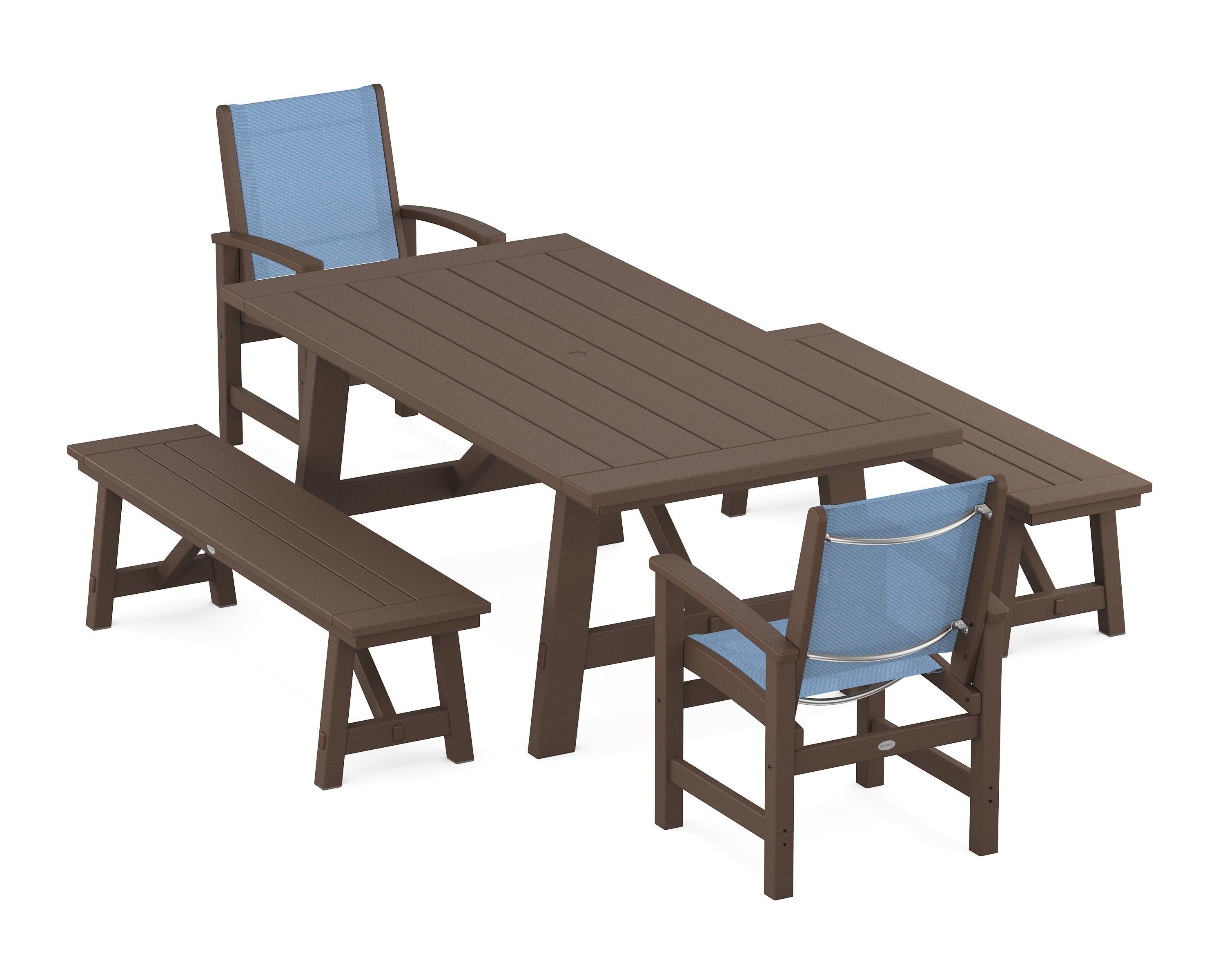 POLYWOOD Coastal 5-Piece Rustic Farmhouse Dining Set With Benches in Mahogany / Poolside Sling