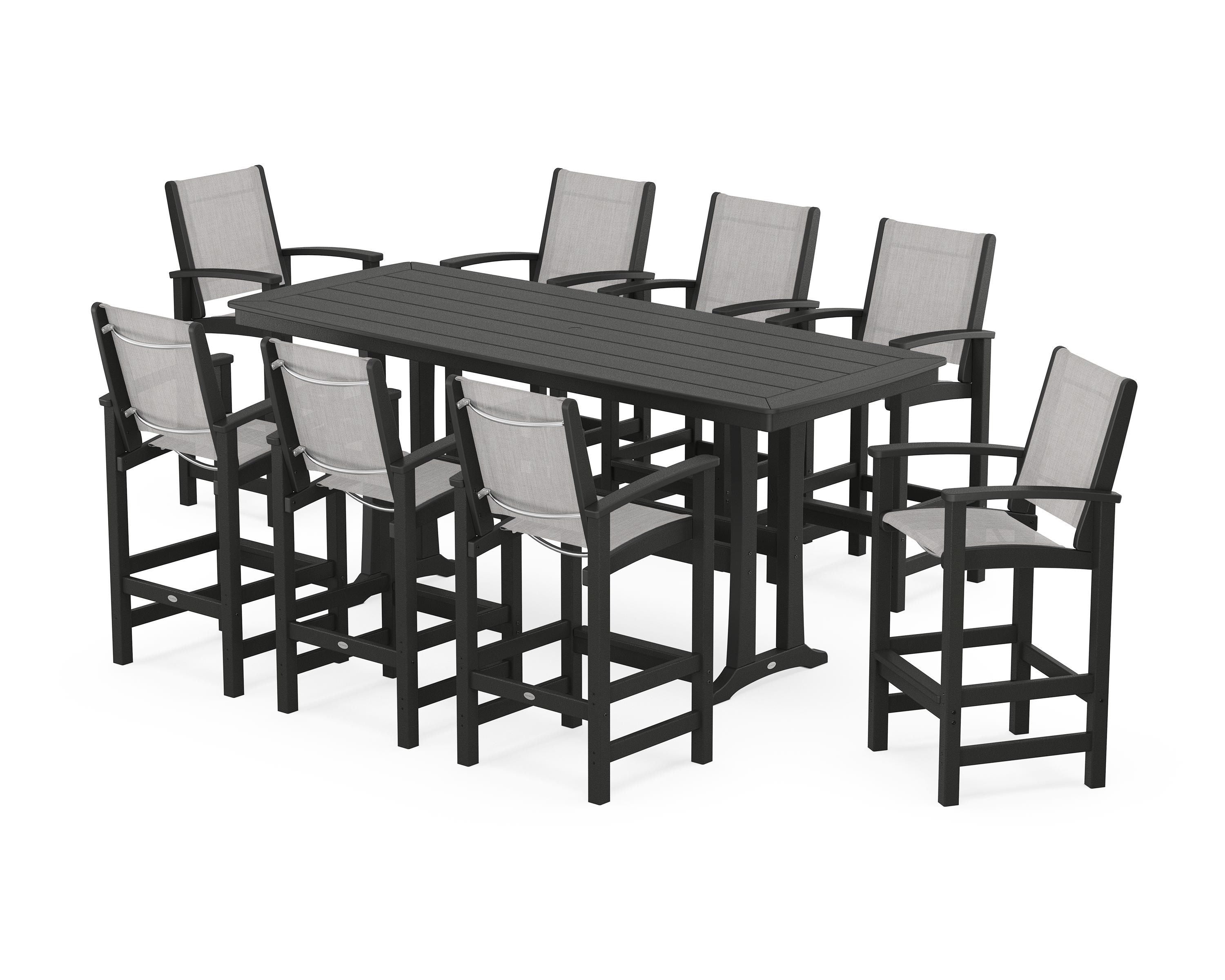 POLYWOOD Coastal 9-Piece Bar Set with Trestle Legs in Black / Parchment Sling