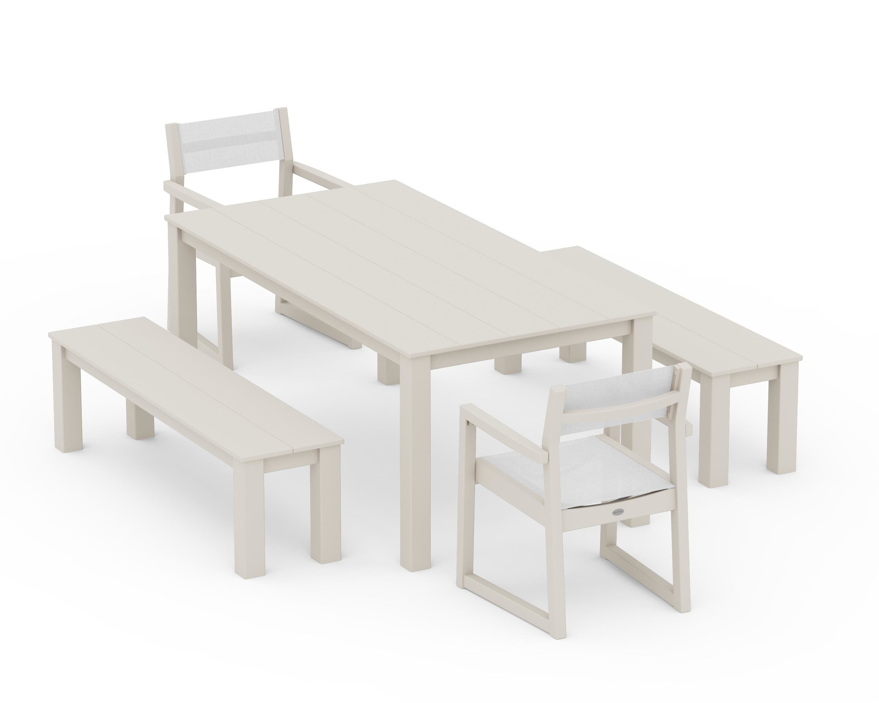 POLYWOOD EDGE Sling Arm Chair 5-Piece Parsons Dining Set with Benches in Sand / White Sling