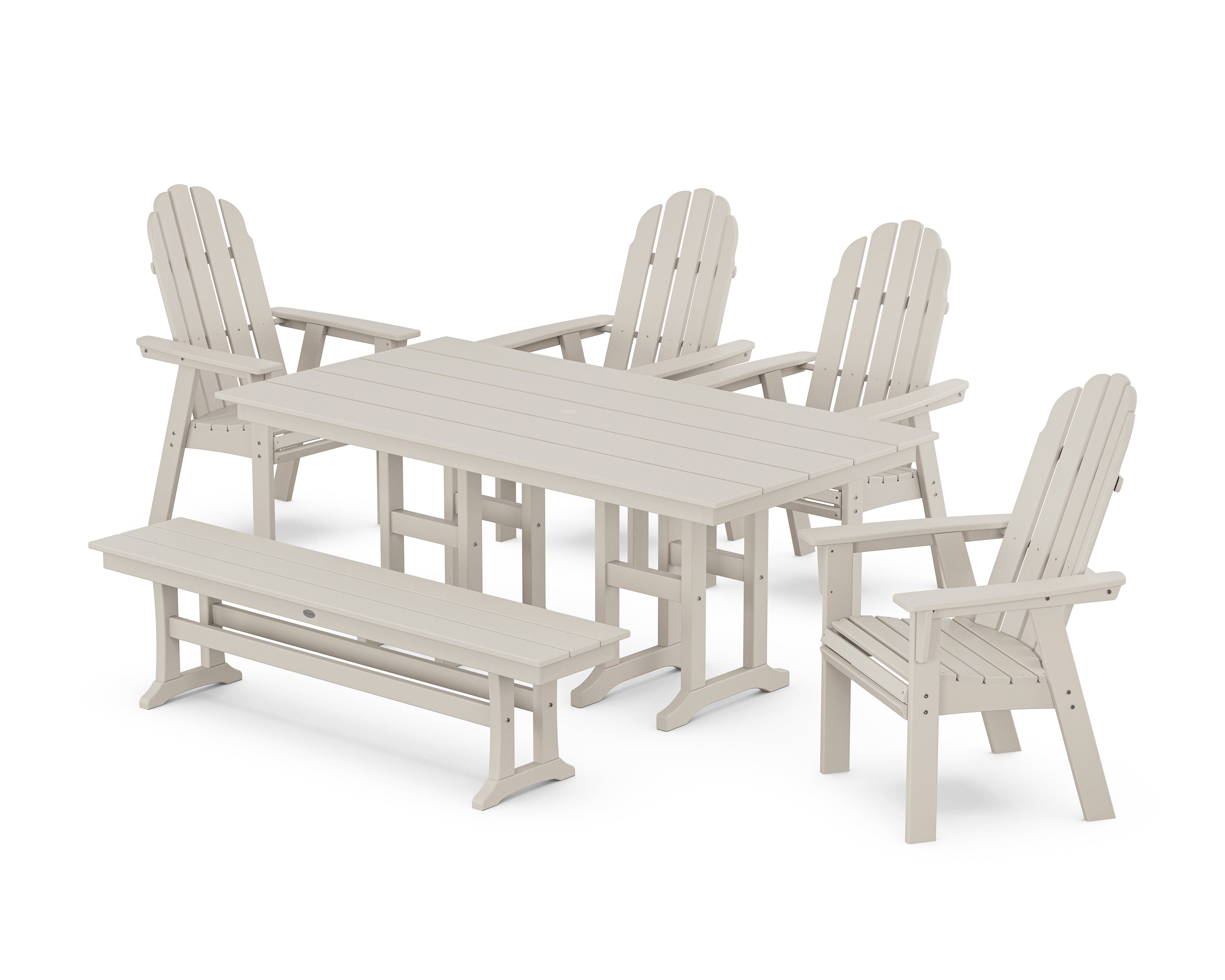 POLYWOOD Vineyard Curveback Adirondack Chair 6-Piece Farmhouse Dining Set with Bench in Sand