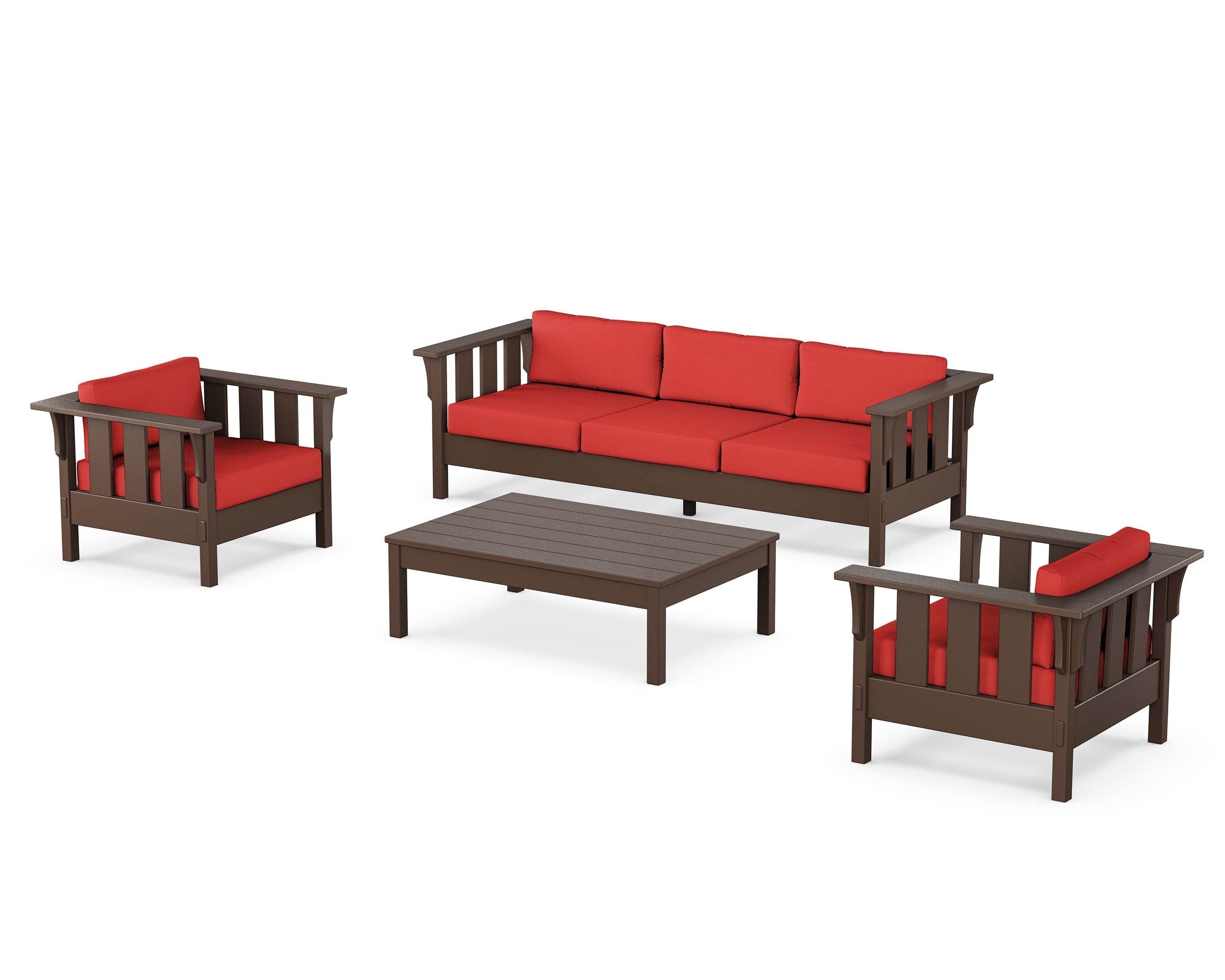 Martha Stewart by POLYWOOD Acadia 4-Piece Deep Seating Set with Sofa in Mahogany / Crimson Linen