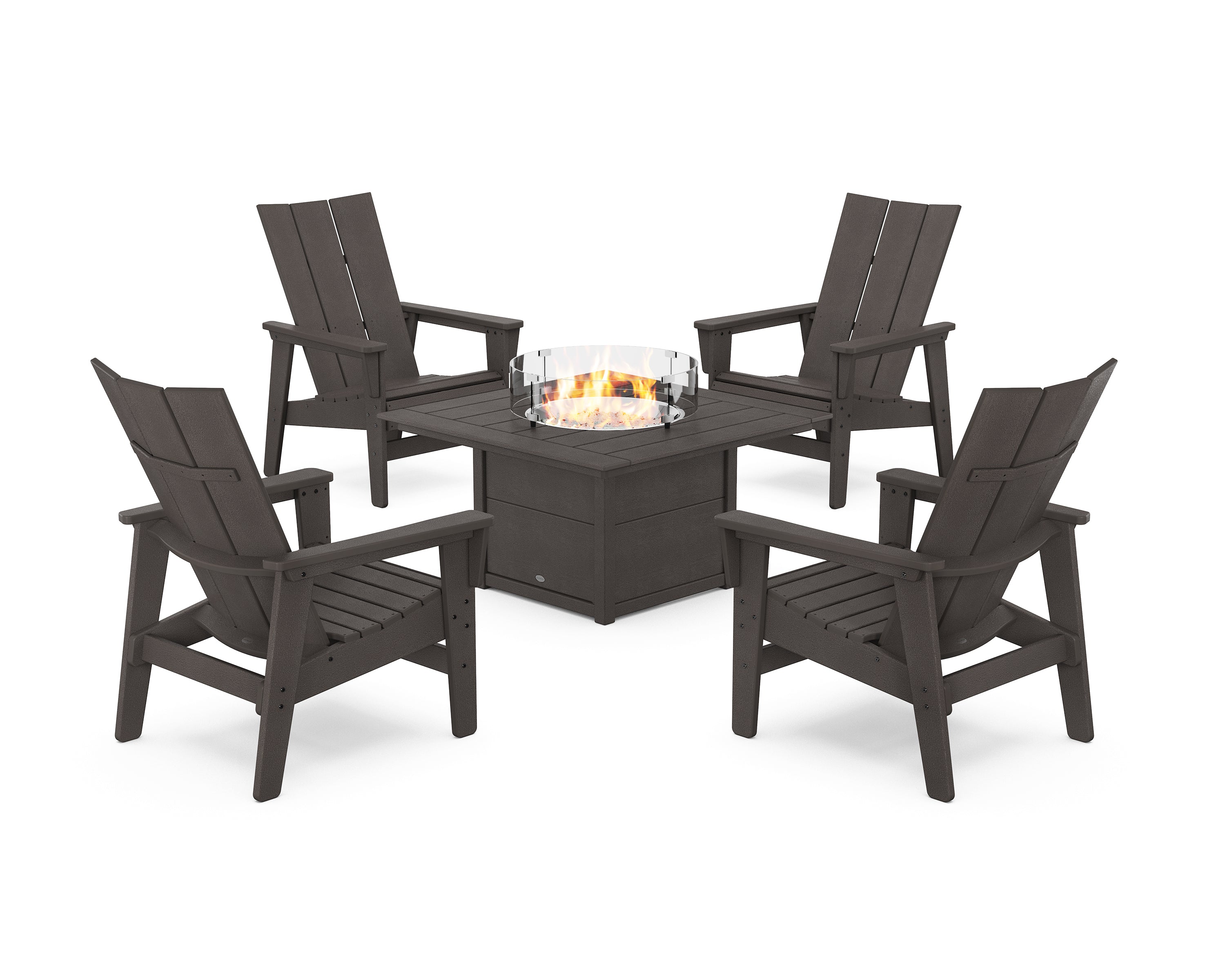 POLYWOOD® 5-Piece Modern Grand Upright Adirondack Conversation Set with Fire Pit Table in Vintage Coffee