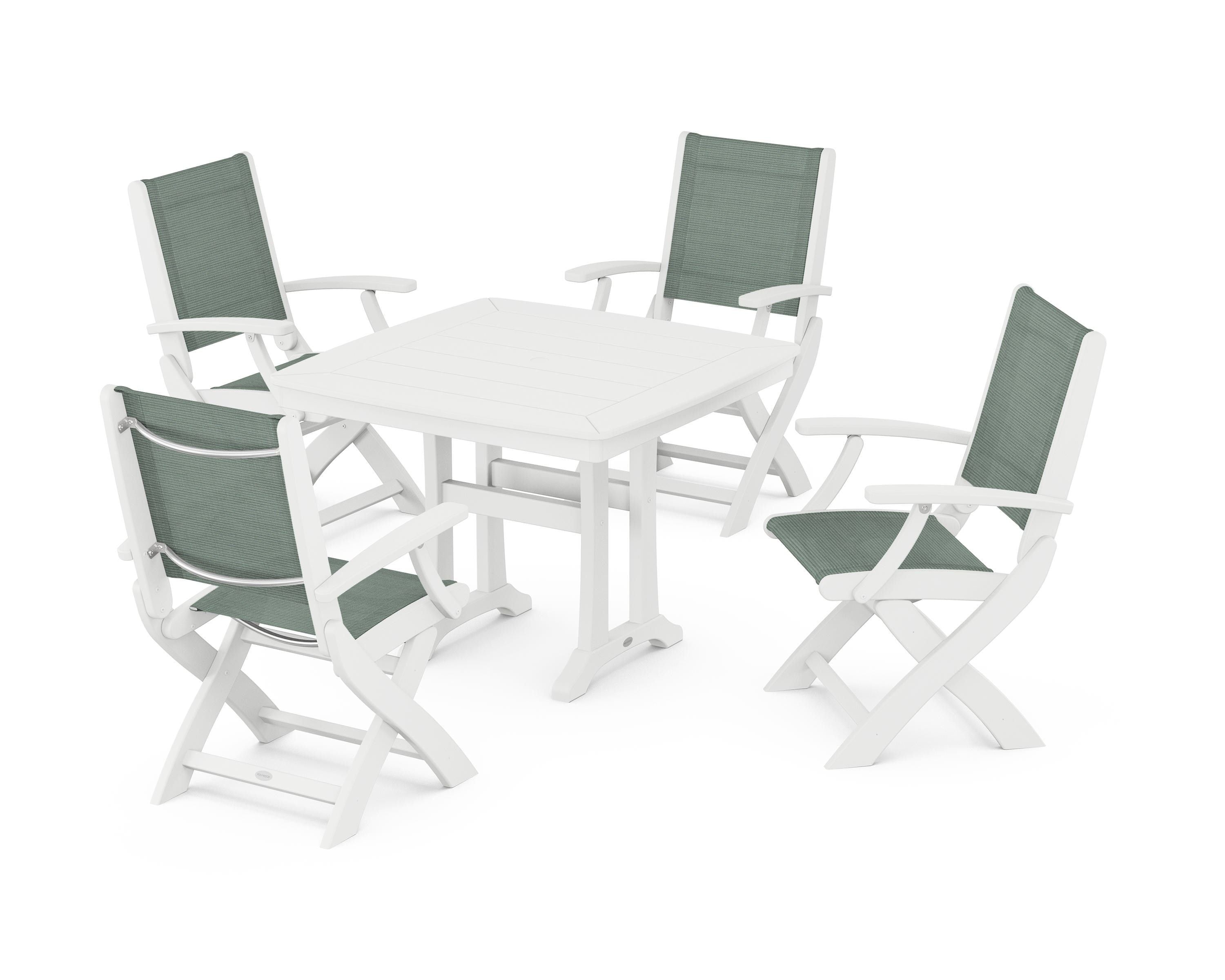 POLYWOOD Coastal Folding Chair 5-Piece Dining Set with Trestle Legs in White / Dupioni Sea Mist Sling