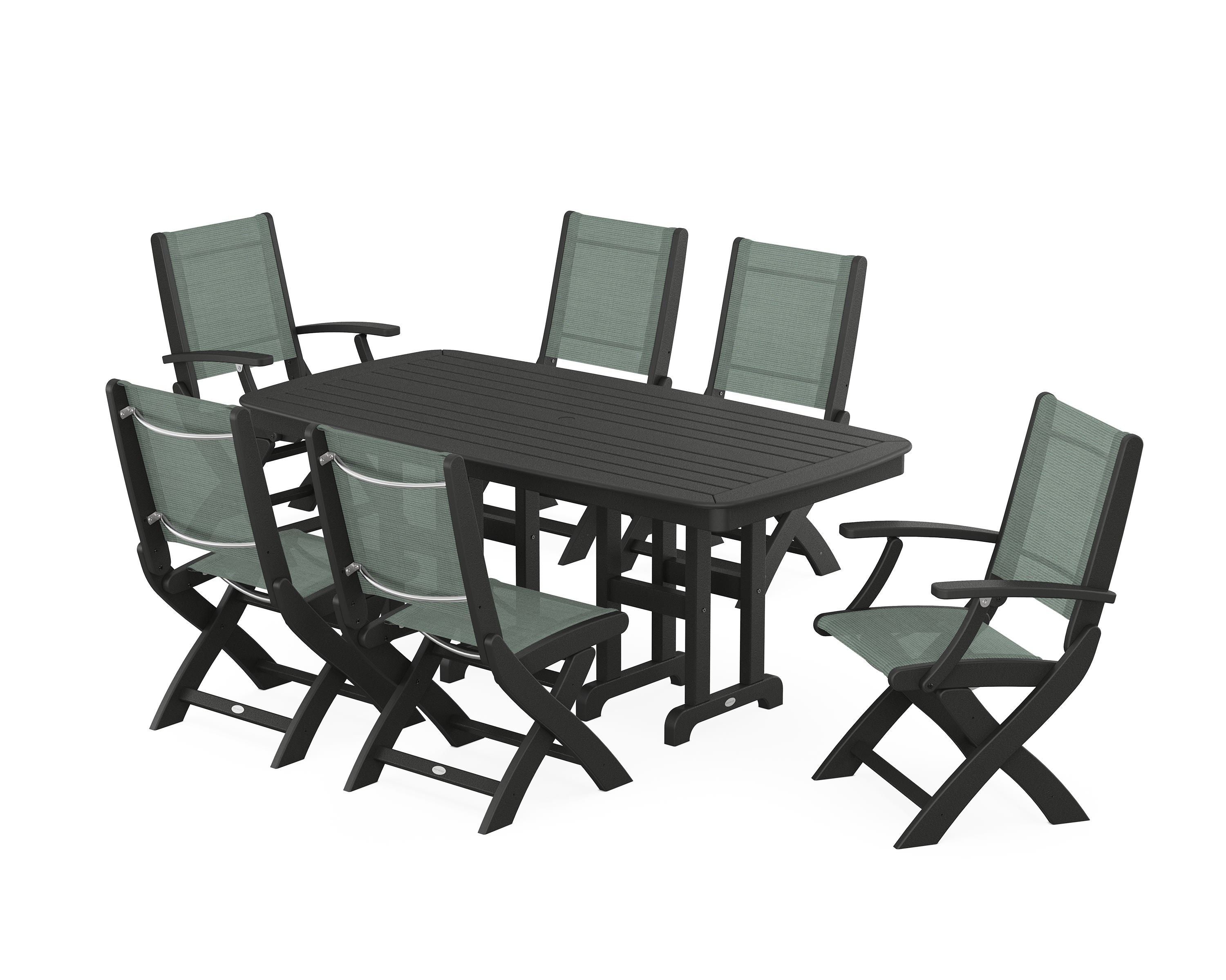 POLYWOOD Coastal Folding Chair 7-Piece Dining Set in Black / Dupioni Sea Mist Sling