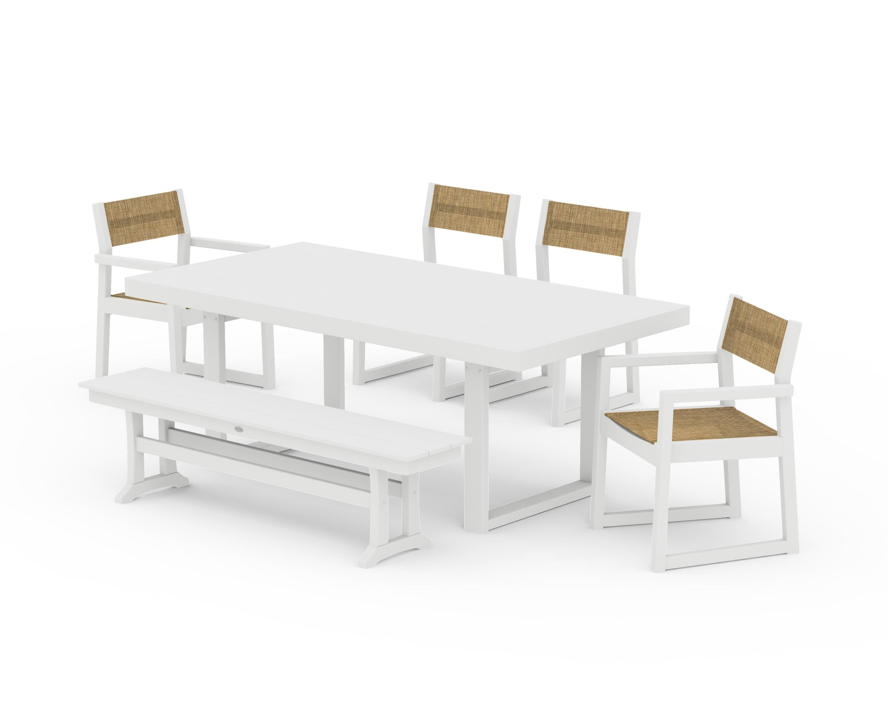 POLYWOOD EDGE Sling 6-Piece Dining Set with Bench in White / Burlap Sling