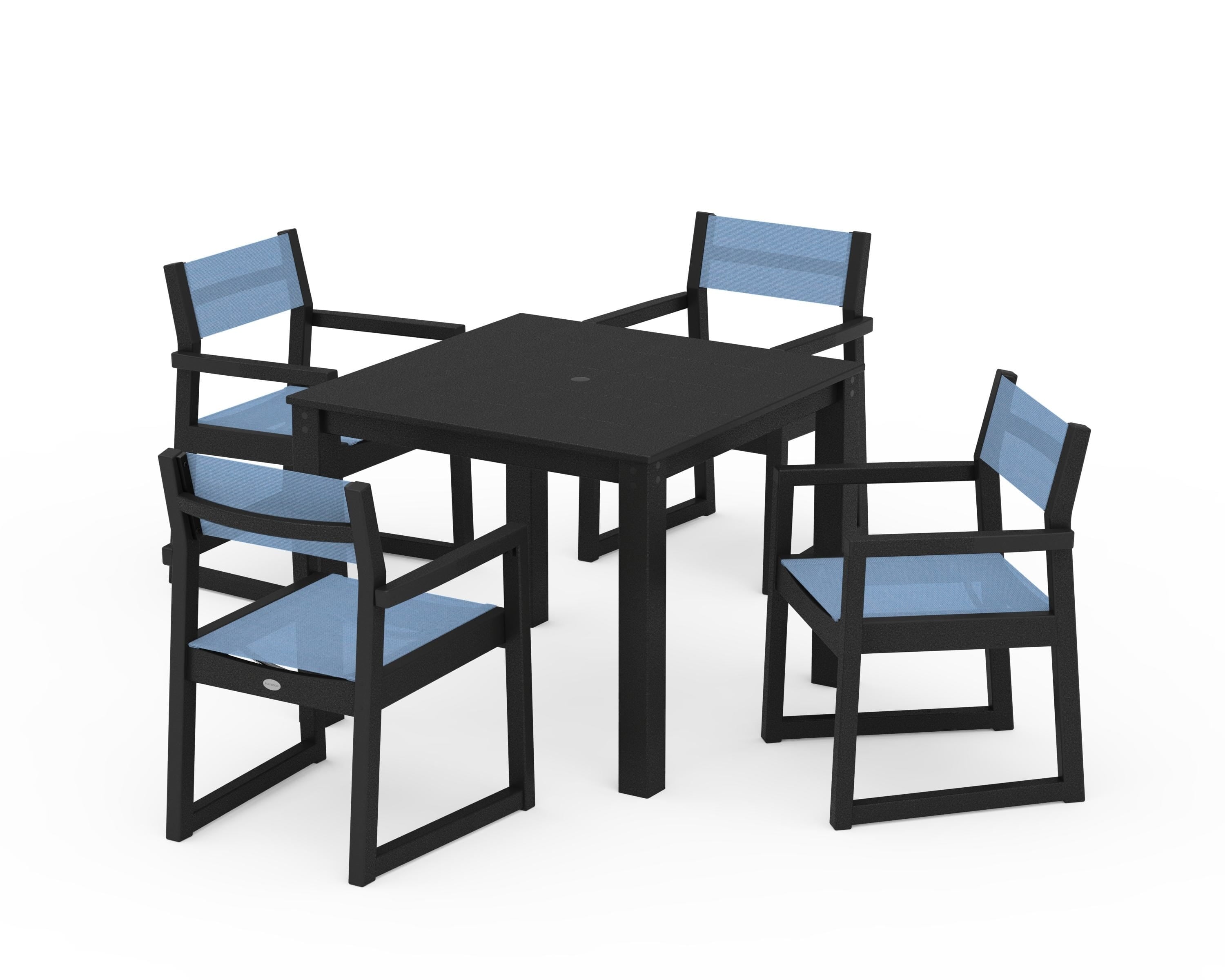 POLYWOOD EDGE Sling Arm Chair 5-Piece Parsons Dining Set in Black / Poolside Sling
