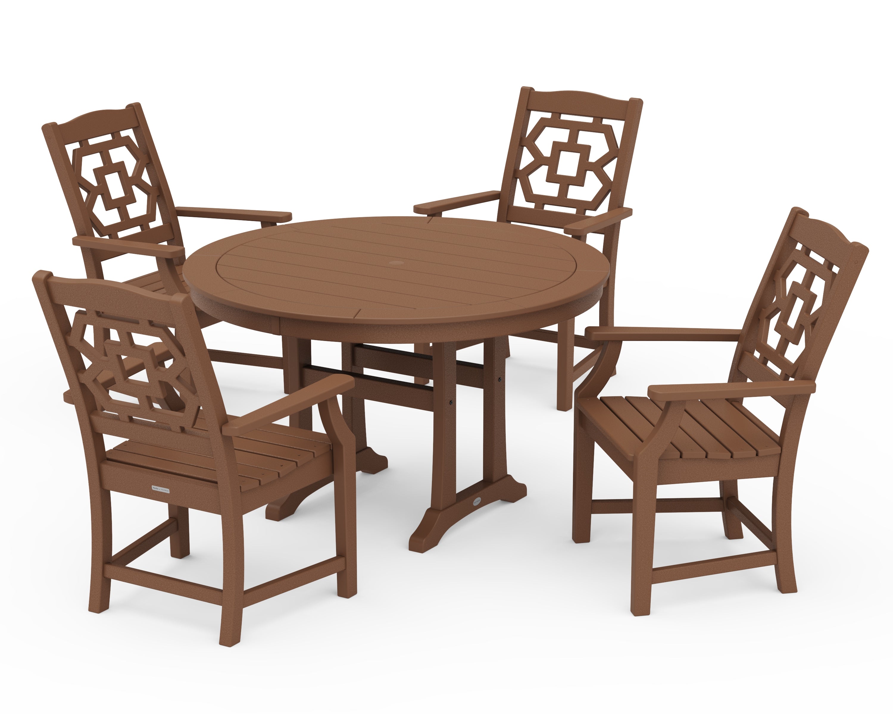 Martha Stewart by POLYWOOD Chinoiserie 5-Piece Round Dining Set with Trestle Legs in Teak