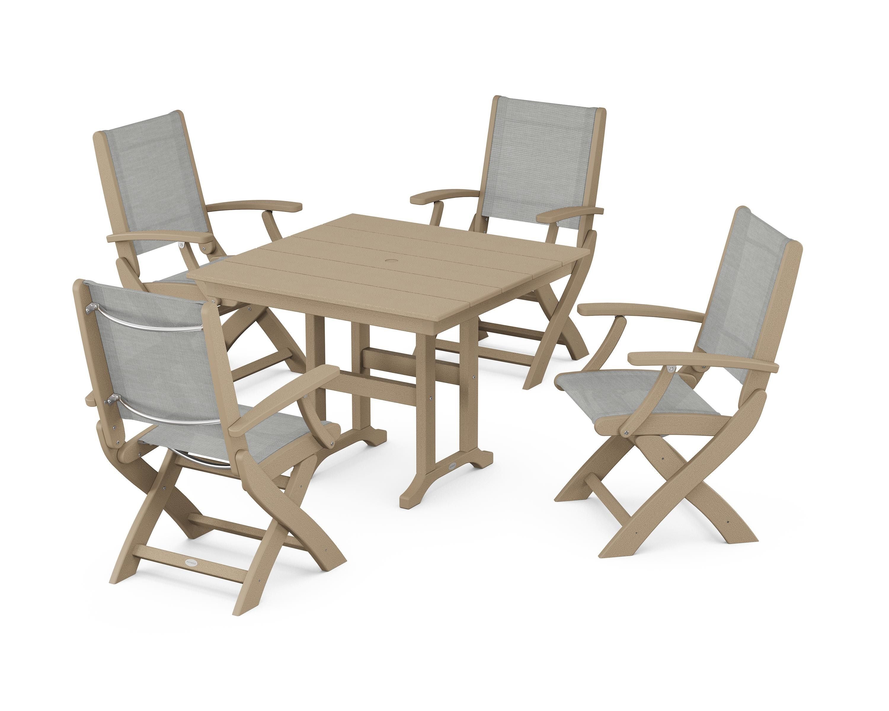 POLYWOOD Coastal Folding Chair 5-Piece Farmhouse Dining Set in Vintage Sahara / Metallic Sling