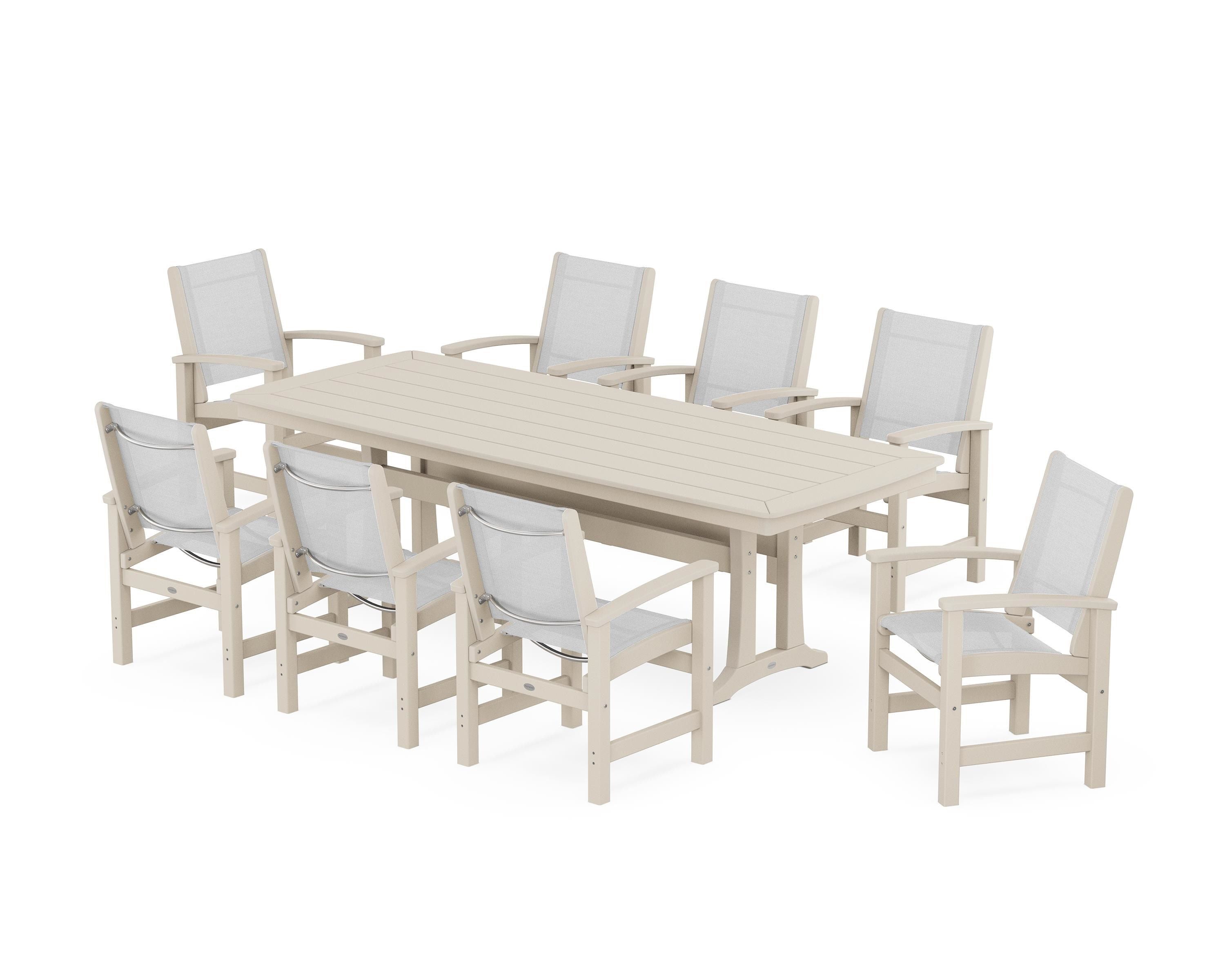 POLYWOOD Coastal 9-Piece Dining Set with Trestle Legs in Sand / White Sling