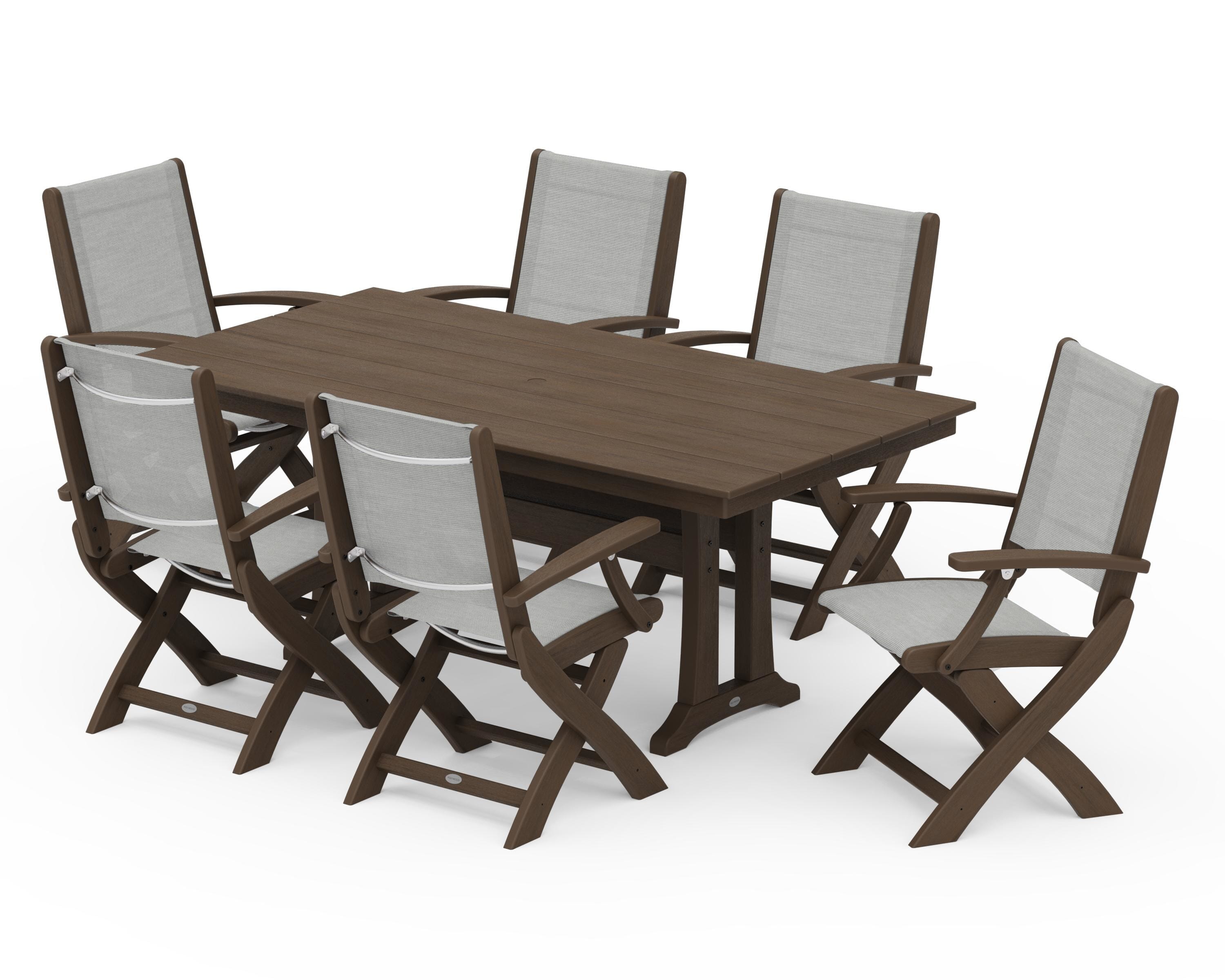 POLYWOOD Coastal Folding Arm Chair 7-Piece Farmhouse Dining Set with Trestle Legs in Kona / Metallic Sling