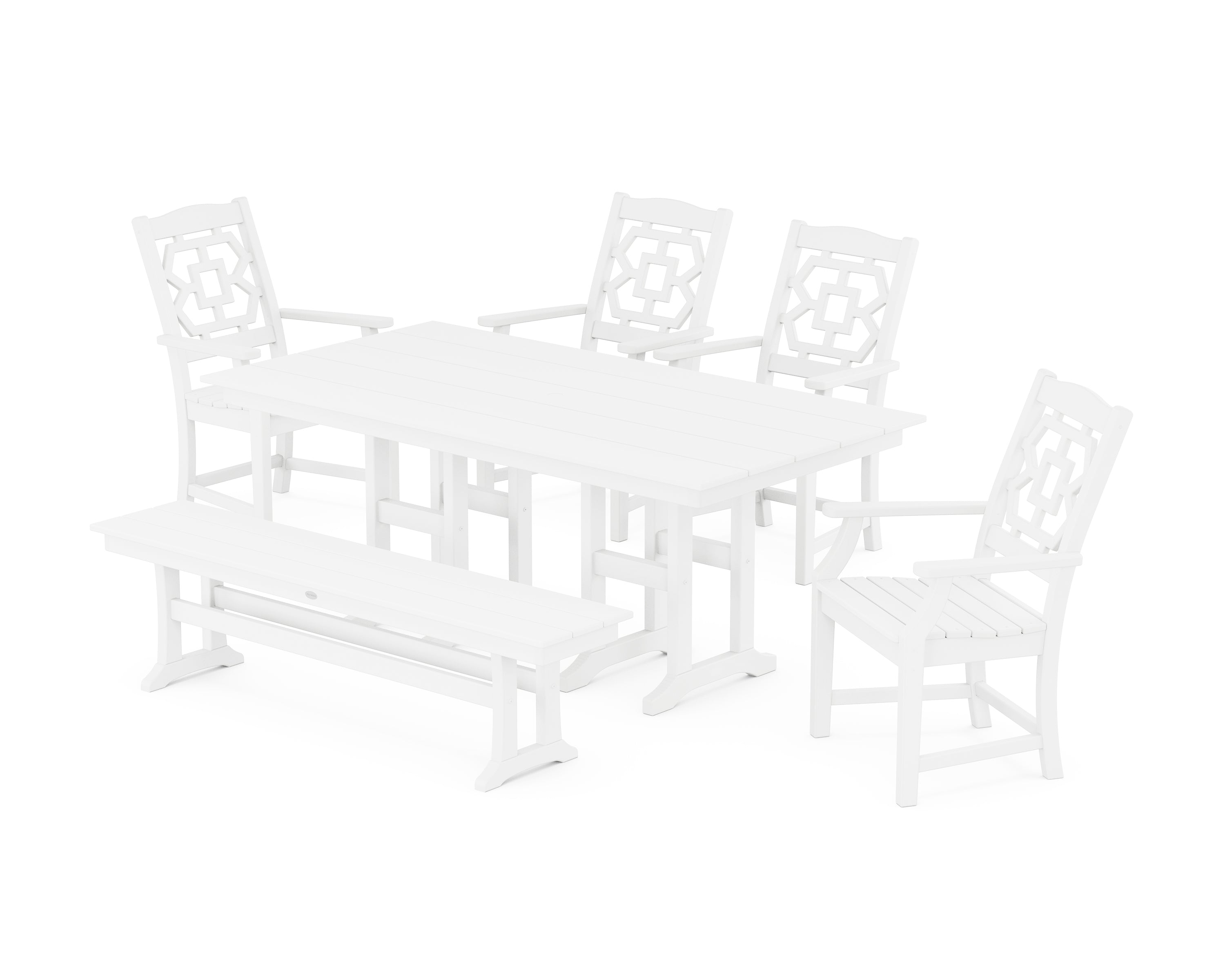 Martha Stewart by POLYWOOD® Chinoiserie 6-Piece Farmhouse Dining Set with Bench in White