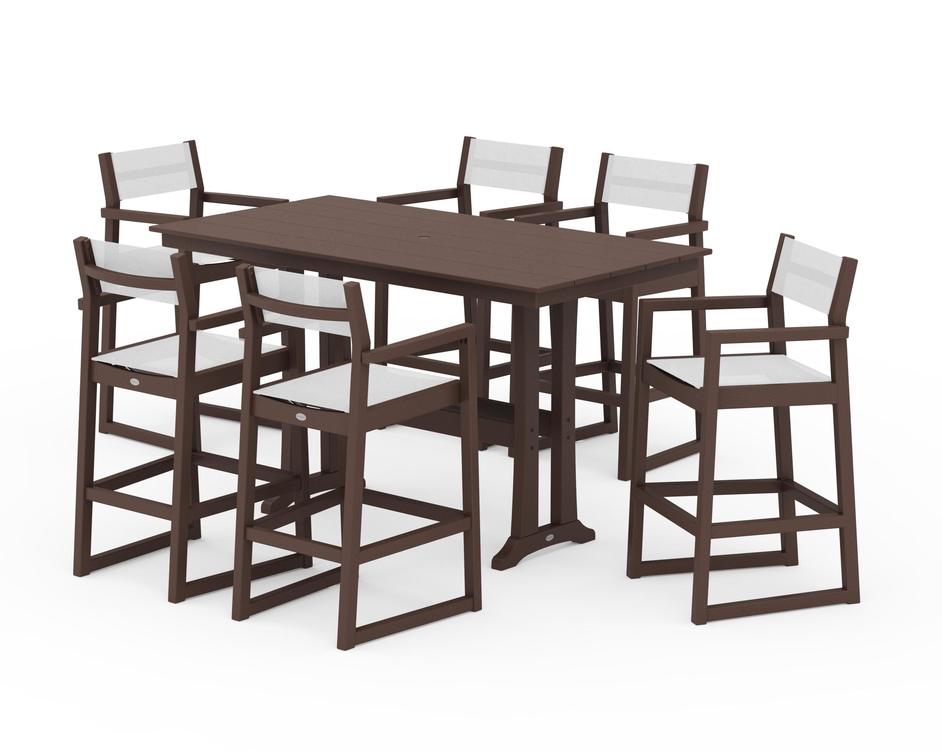 POLYWOOD EDGE Sling Arm Chair 7-Piece Farmhouse Bar Set with Trestle Legs in Mahogany / White Sling
