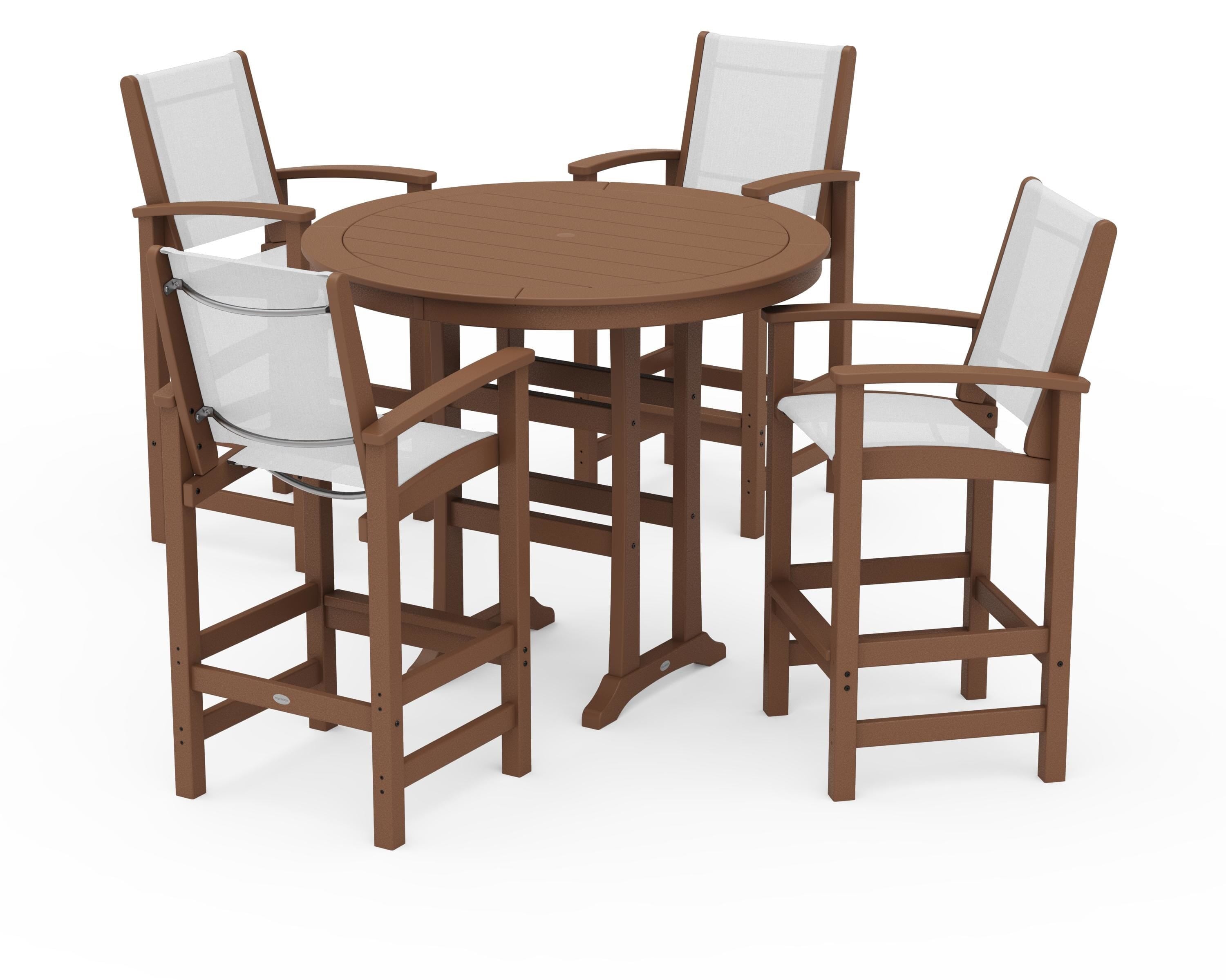 POLYWOOD Coastal 5-Piece Nautical Trestle Bar Set in Teak / White Sling