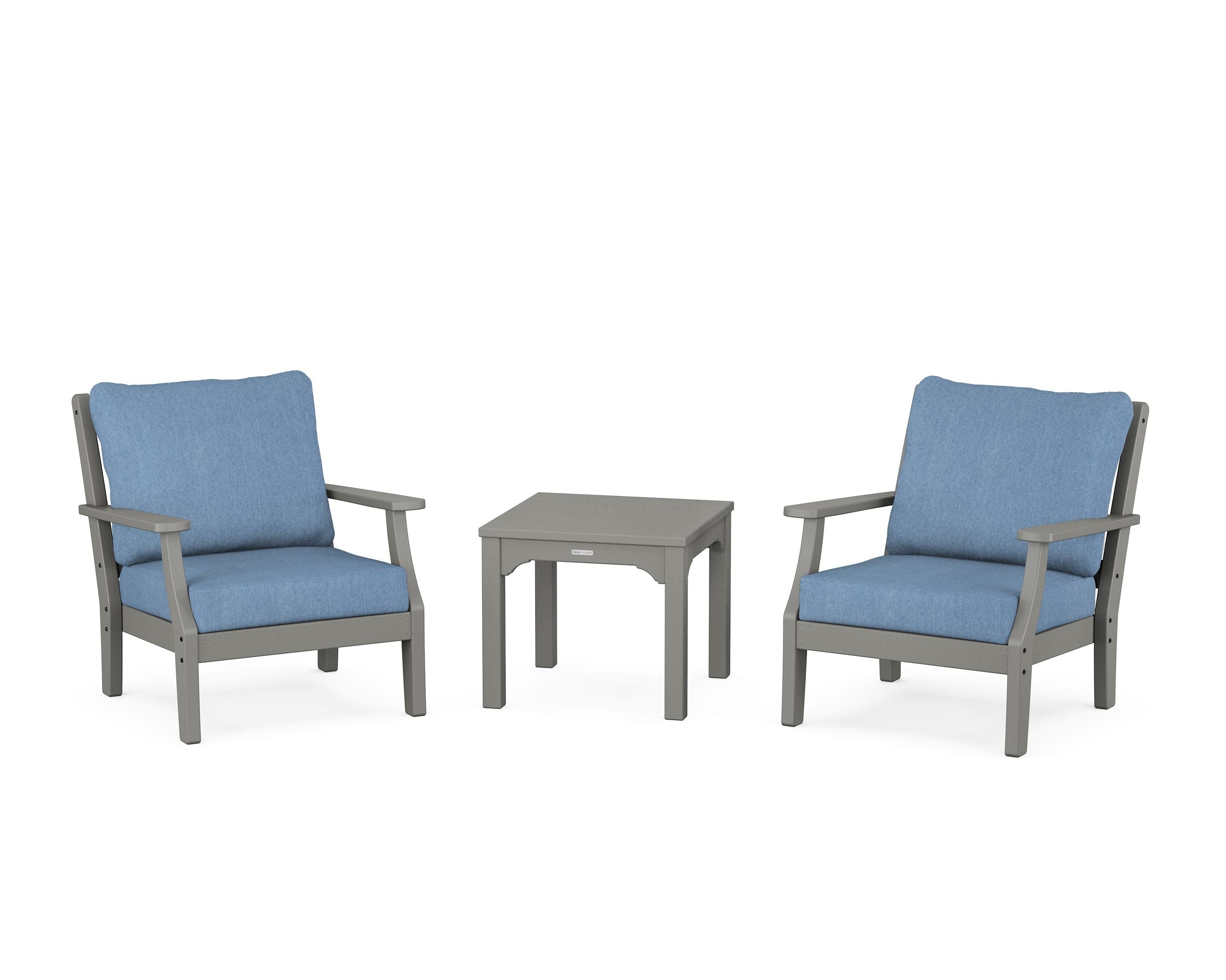 Martha Stewart by POLYWOOD Chinoiserie 3-Piece Deep Seating Set in Slate Grey / Sky Blue