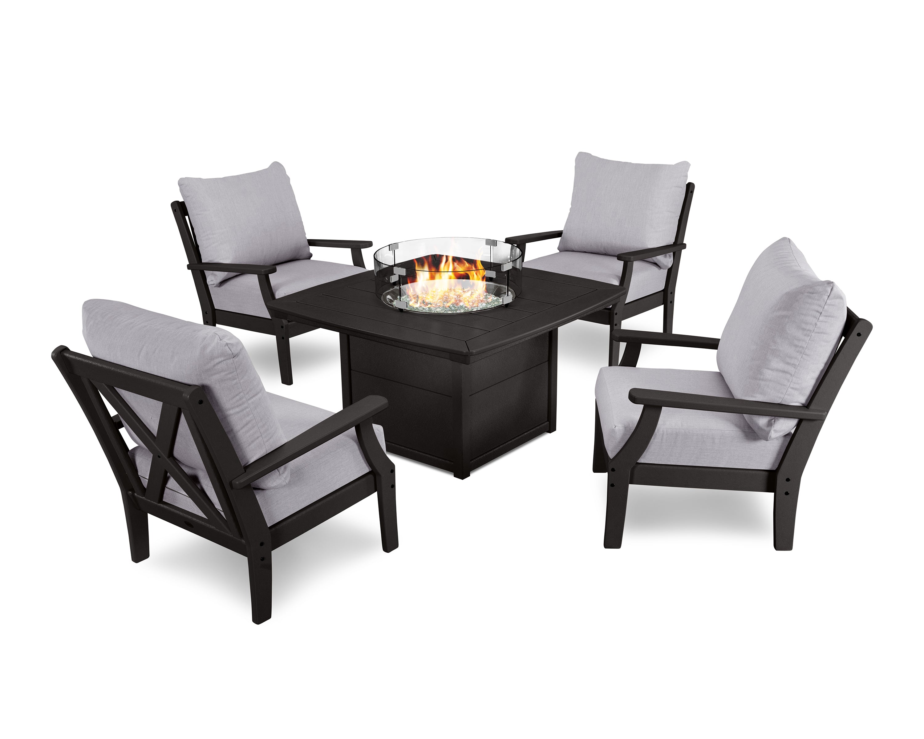 POLYWOOD Braxton 5-Piece Deep Seating Conversation Set with Fire Pit Table in Black / Granite