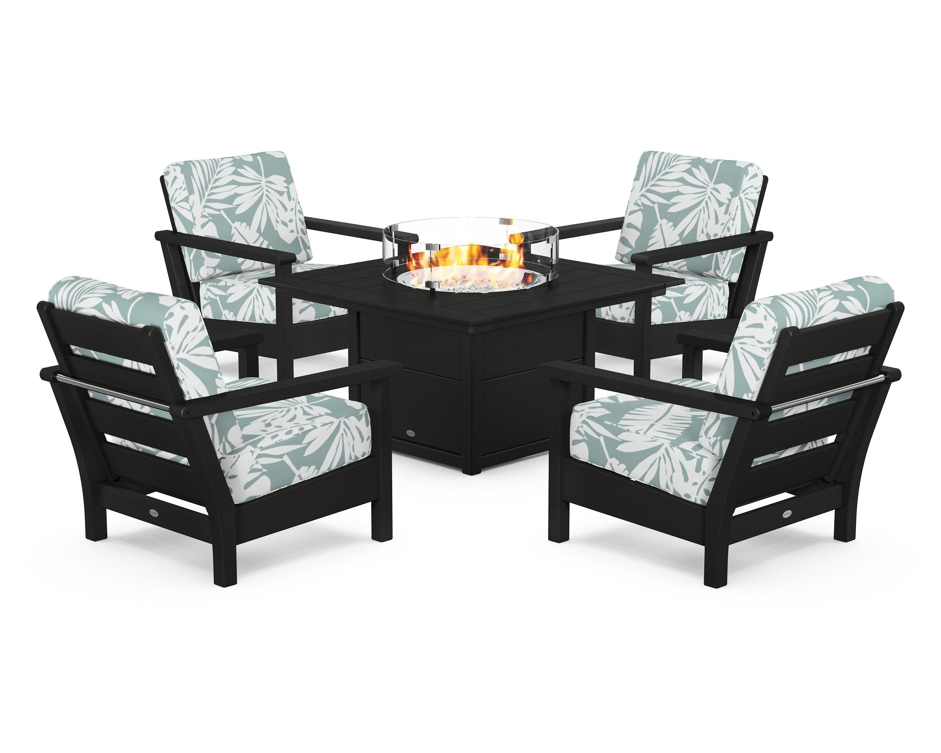POLYWOOD Harbour 5-Piece Conversation Set with Fire Pit Table in Black / Leaf Glacier Spa