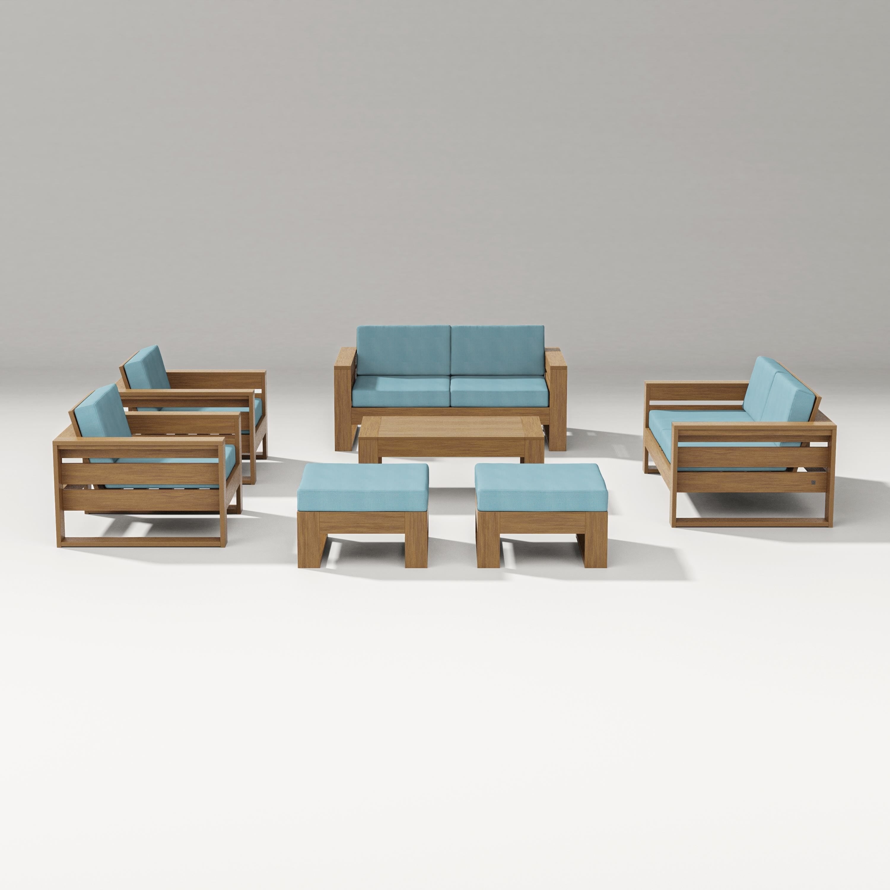 PW Designer Series Latitude 7-Piece Lounge Loveseat Set in Natural / Lattice Sky Blue
