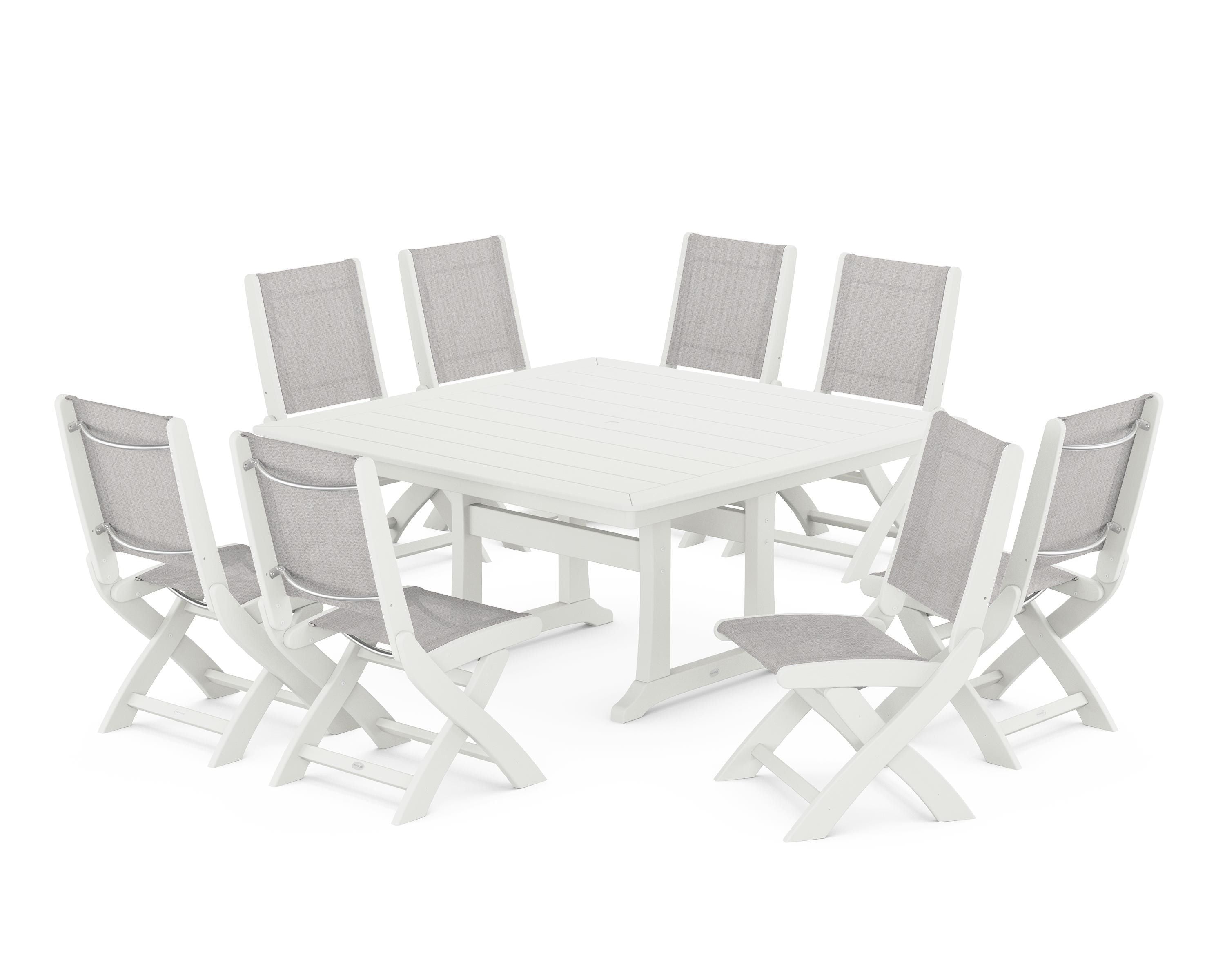 POLYWOOD Coastal Folding Side Chair 9-Piece Dining Set with Trestle Legs in Vintage White / Parchment Sling