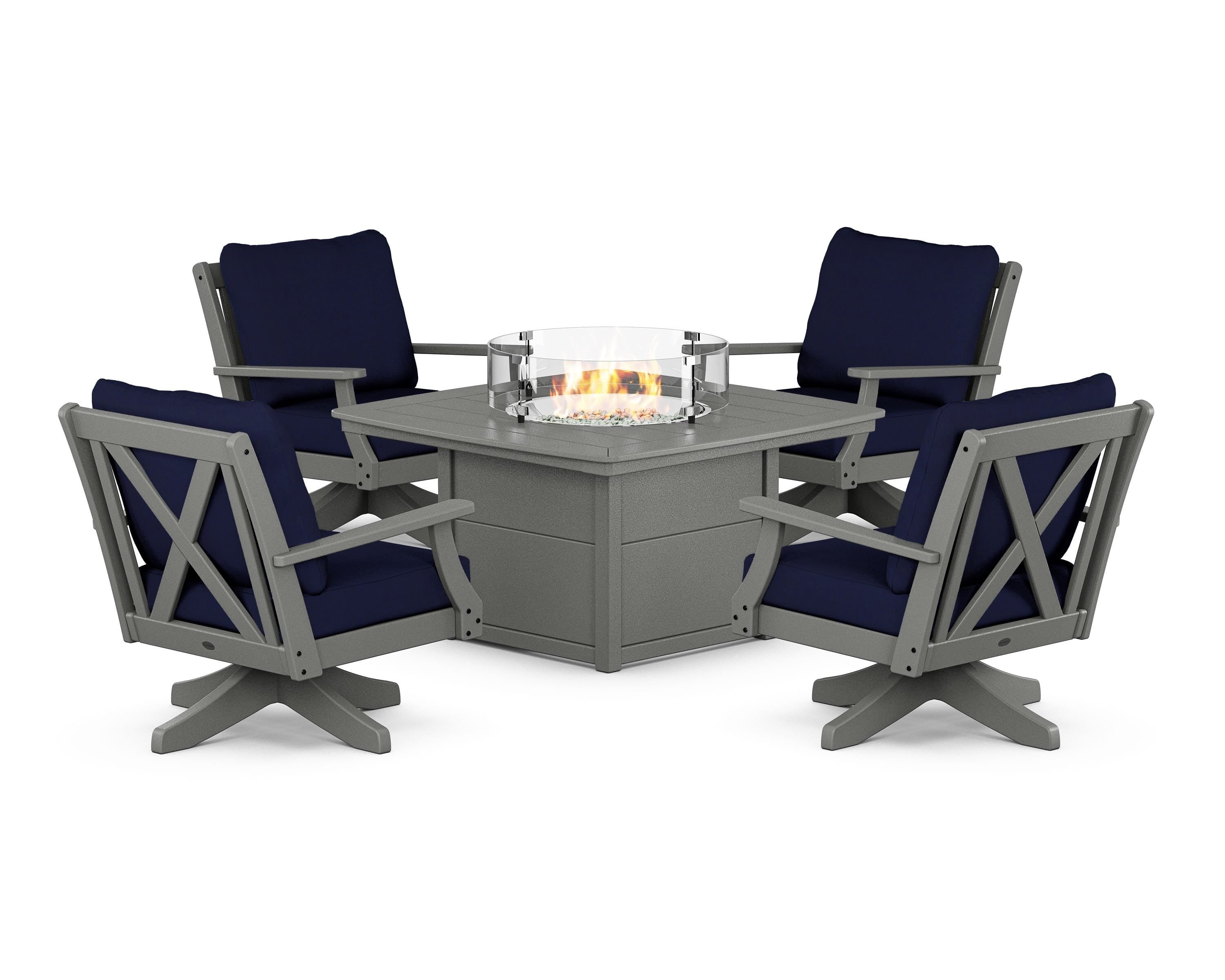 POLYWOOD Braxton 5-Piece Deep Seating Swivel Conversation Set with Fire Pit Table in Slate Grey / Navy