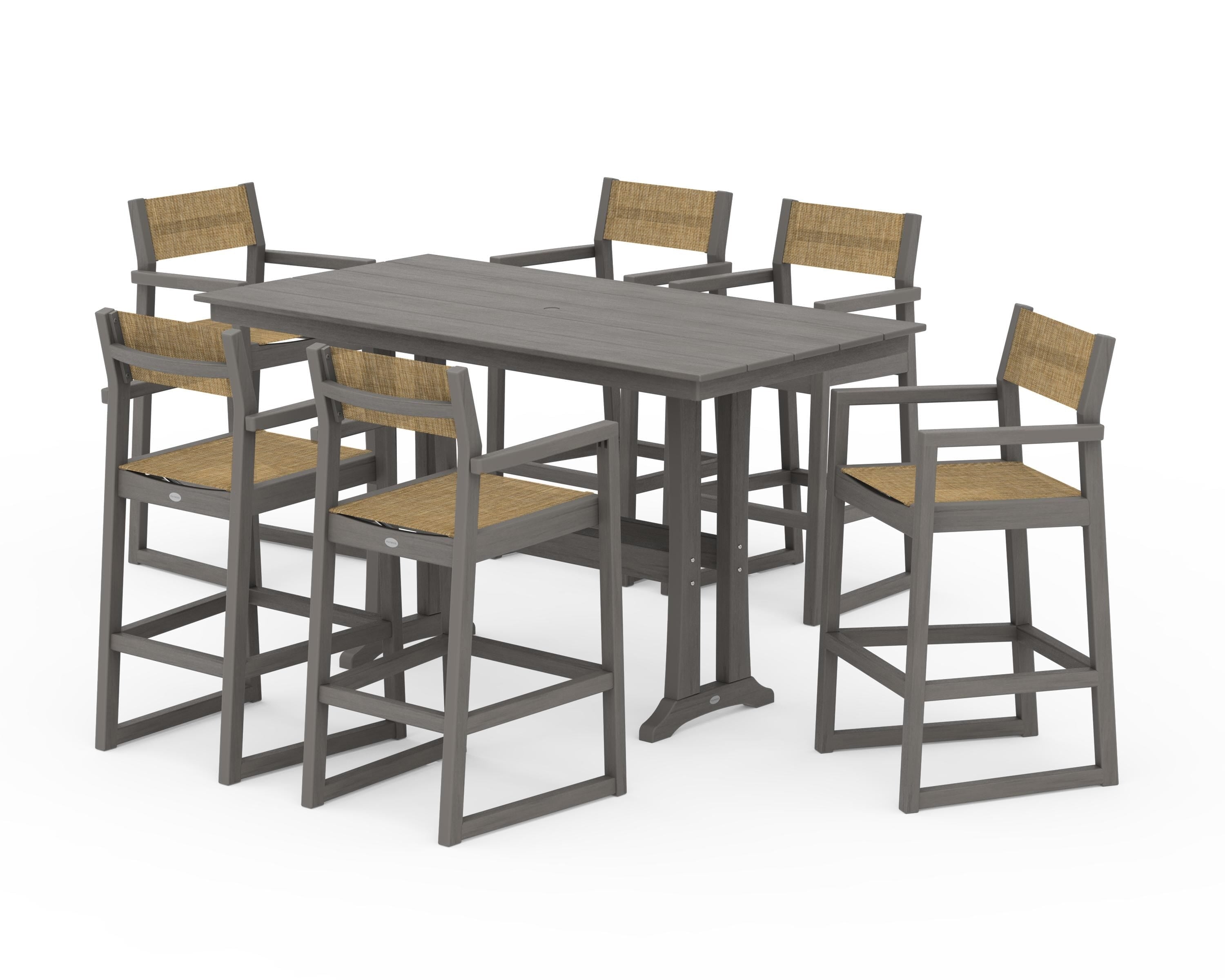 POLYWOOD EDGE Sling Arm Chair 7-Piece Farmhouse Bar Set with Trestle Legs in Driftwood / Burlap Sling