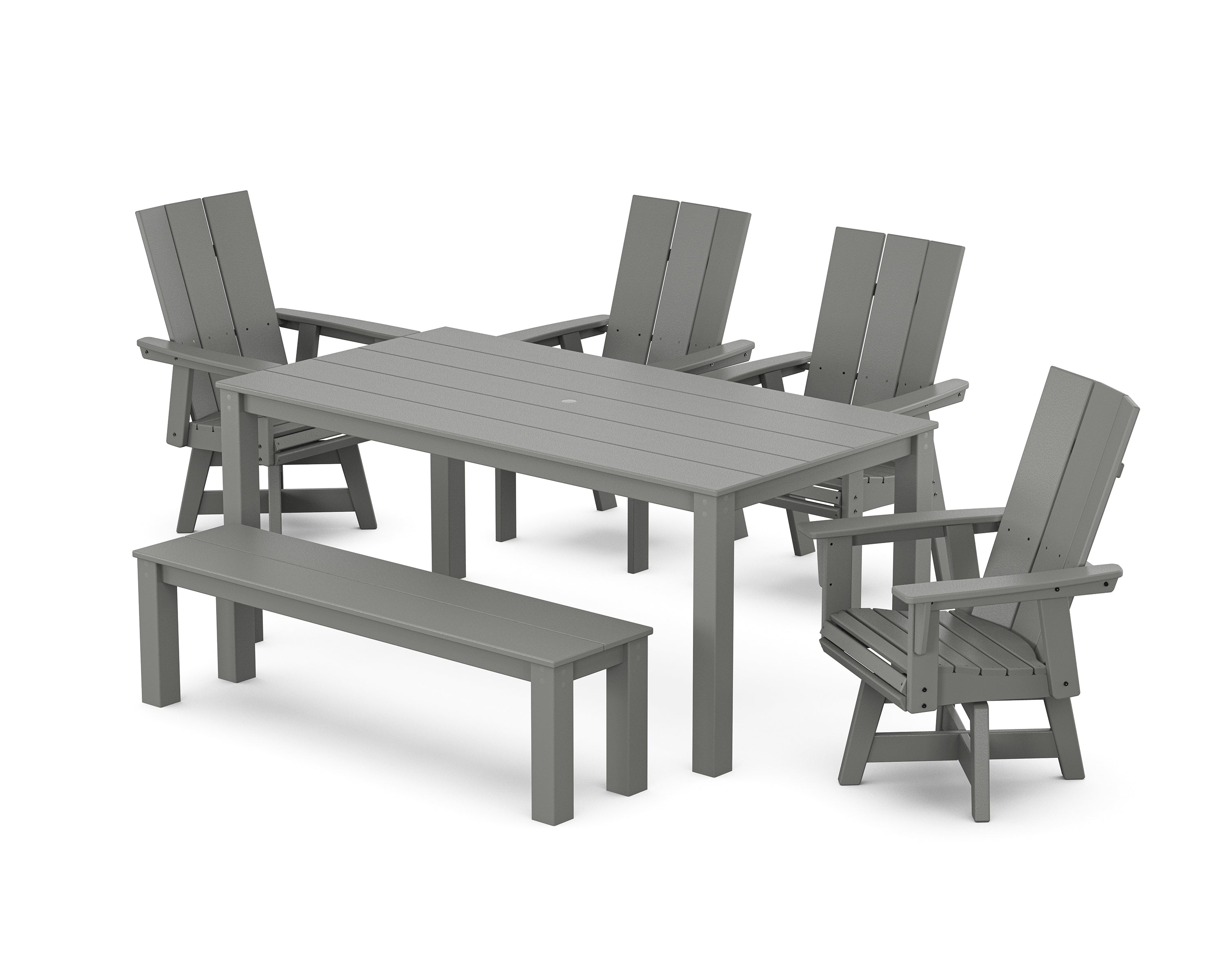 POLYWOOD® Modern Curveback Adirondack 6-Piece Parsons Swivel Dining Set with Bench in Slate Grey