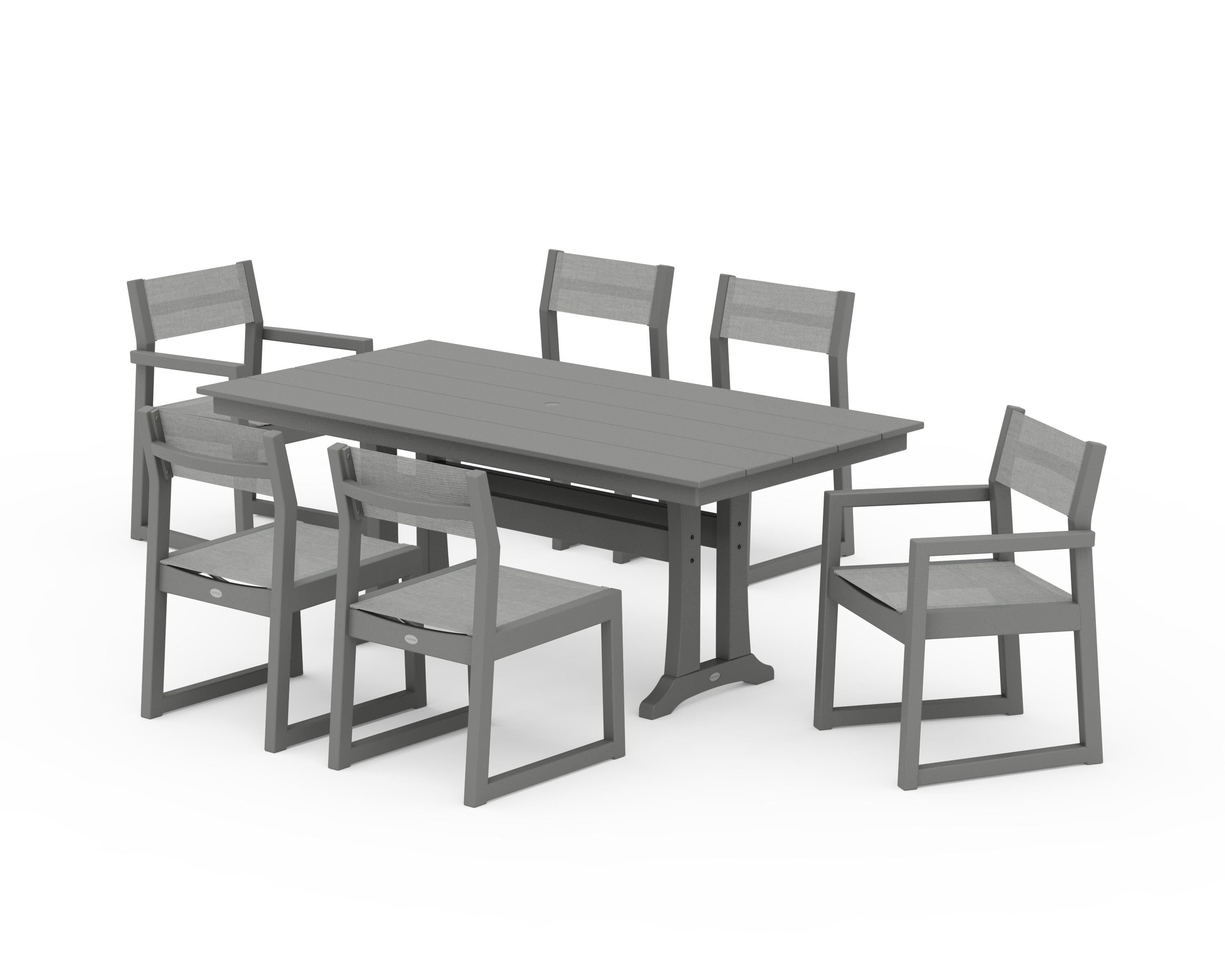 POLYWOOD EDGE Sling 7-Piece Farmhouse Trestle Dining Set in Slate Grey / Metallic Sling