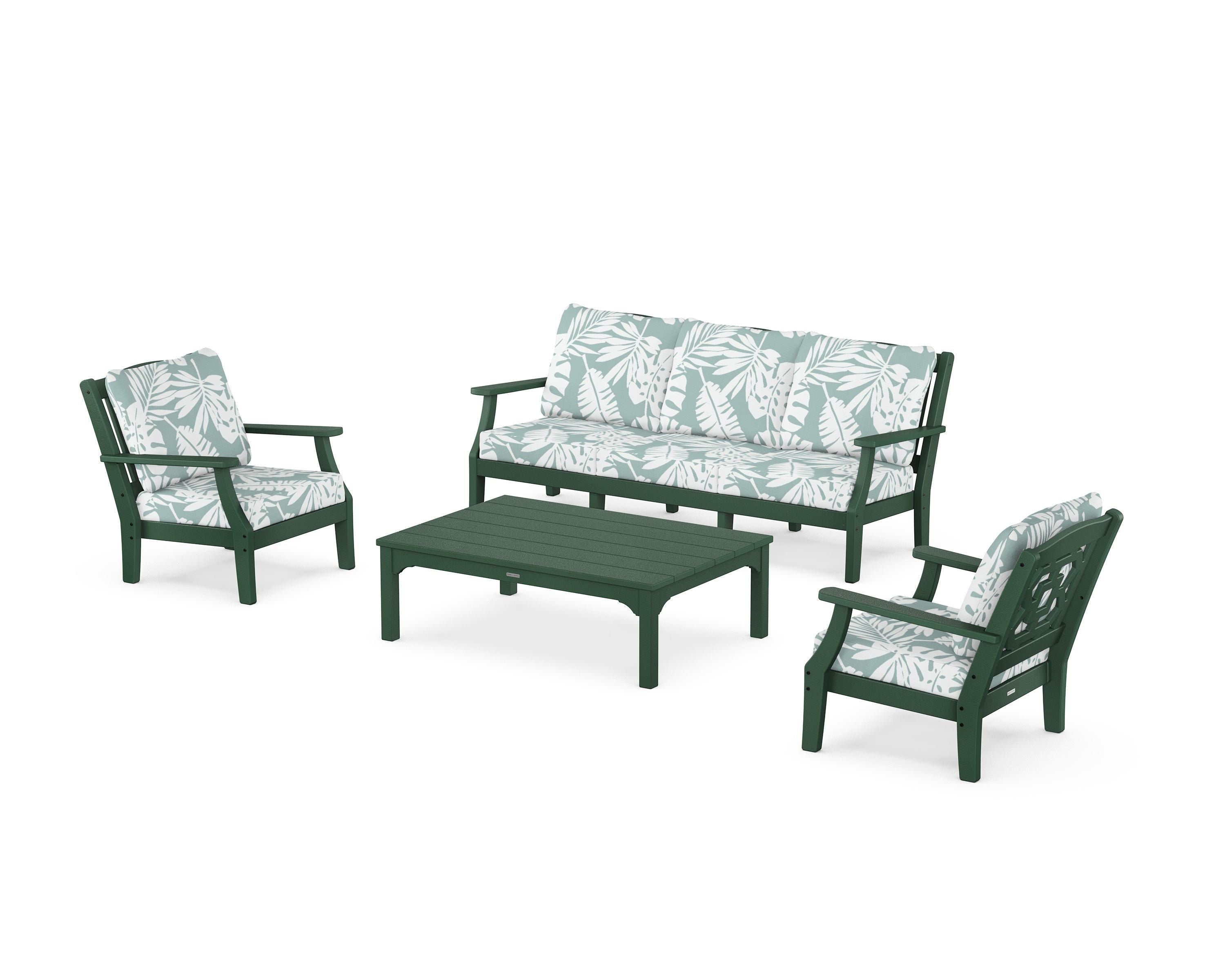 Martha Stewart by POLYWOOD Chinoiserie 4-Piece Deep Seating Set with Sofa in Green / Leaf Glacier Spa