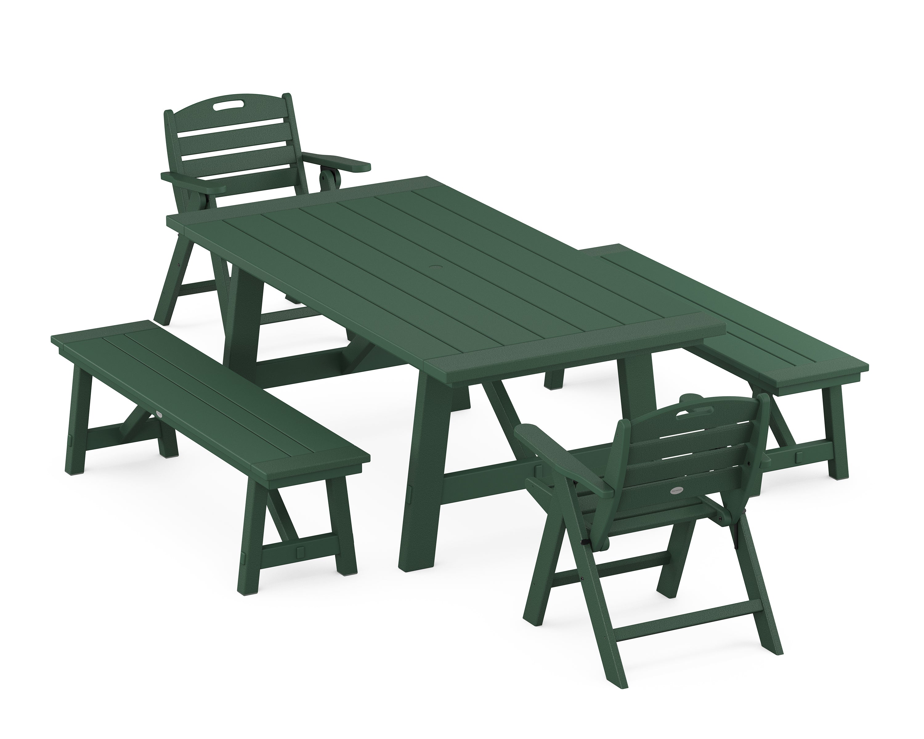 POLYWOOD® Nautical Folding Lowback Chair 5-Piece Rustic Farmhouse Dining Set With Benches in Green