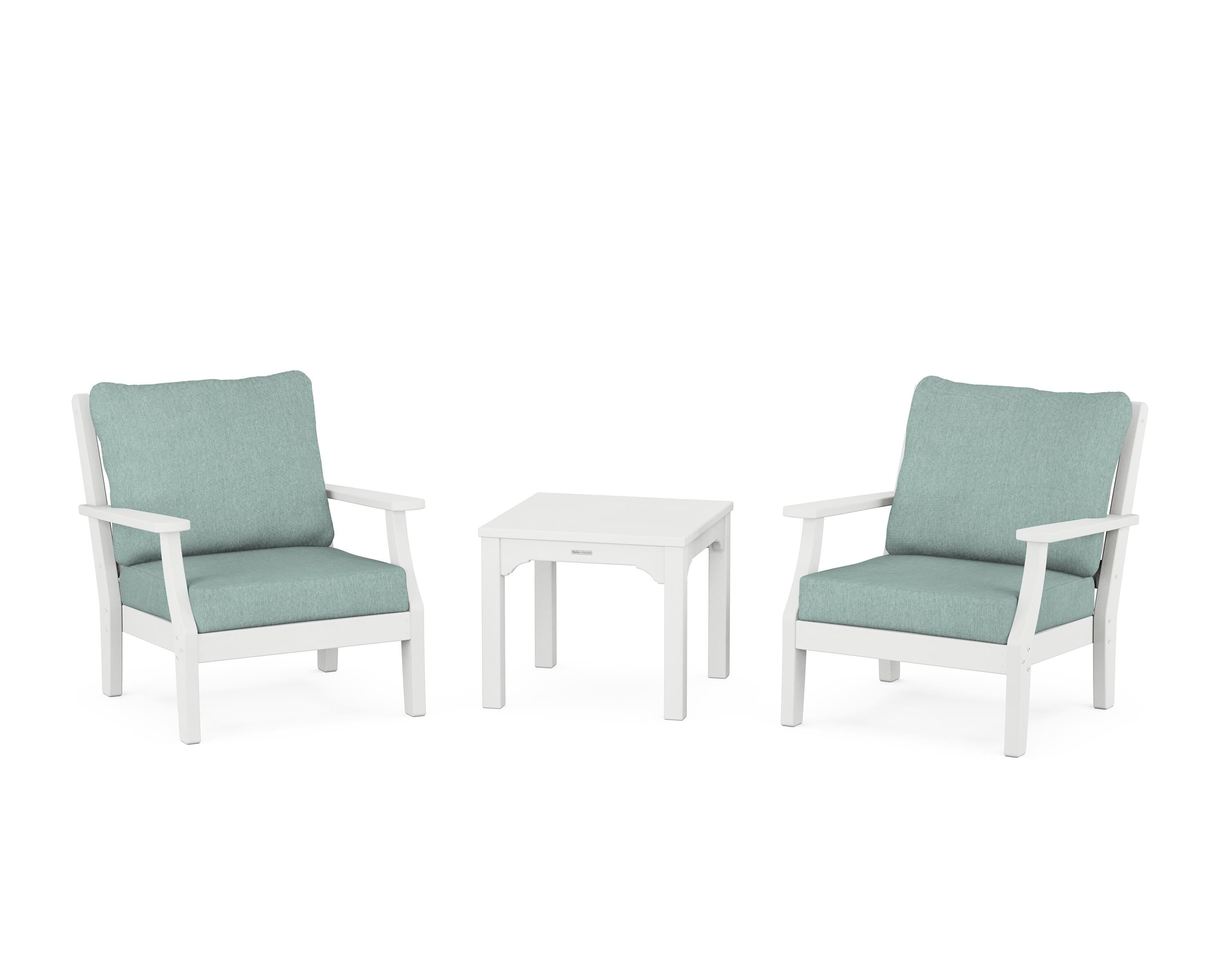 Martha Stewart by POLYWOOD Chinoiserie 3-Piece Deep Seating Set in White / Glacier Spa