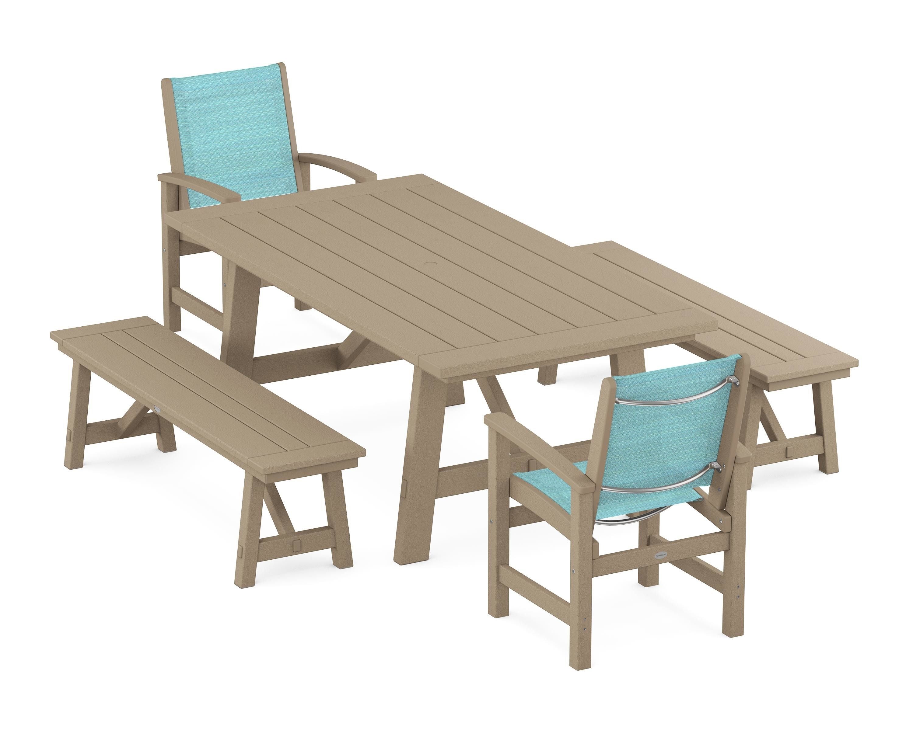POLYWOOD Coastal 5-Piece Rustic Farmhouse Dining Set With Benches in Vintage Sahara / Dupioni Aquamarine Sling