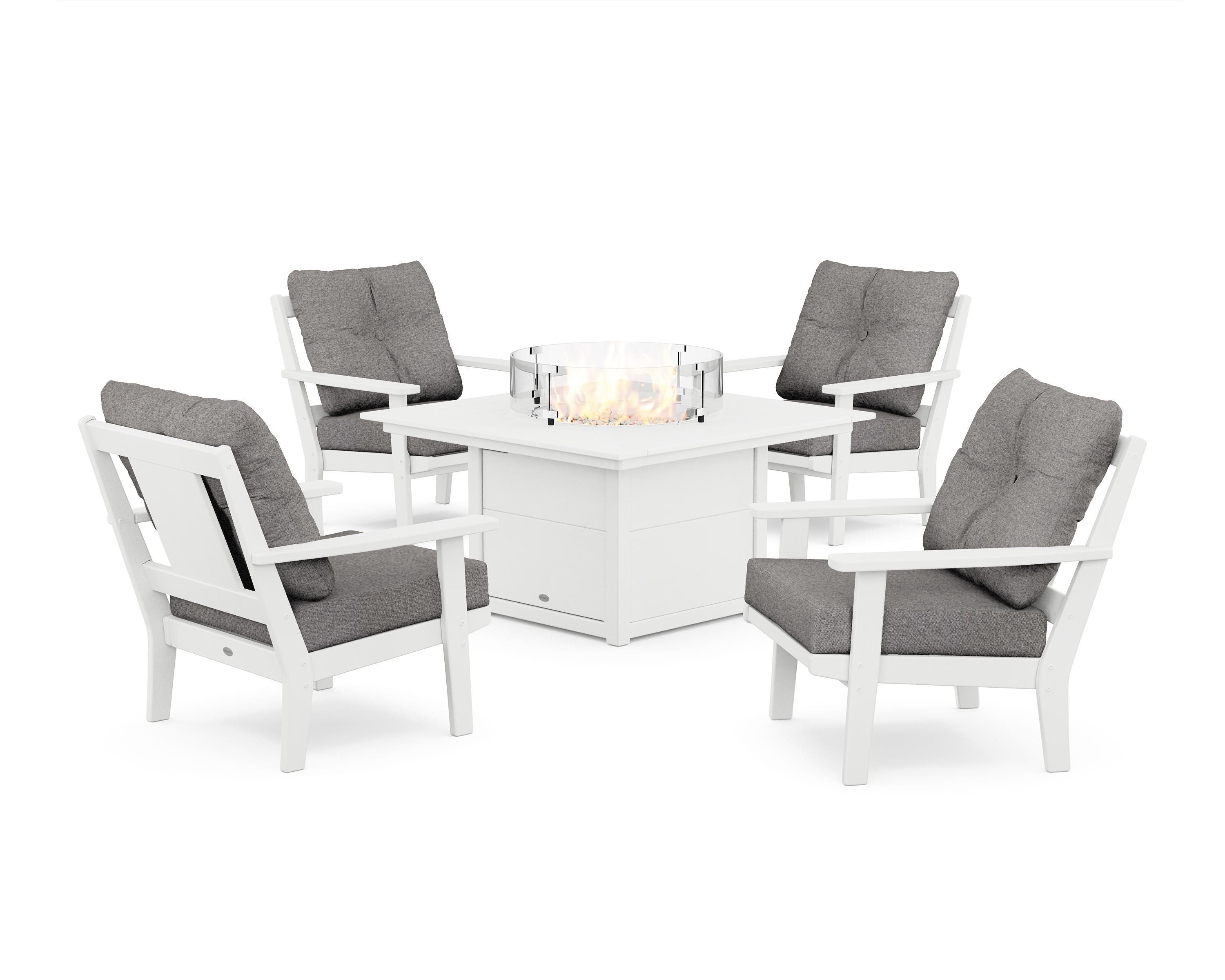 POLYWOOD Prairie 5-Piece Deep Seating Set with Fire Pit Table in White / Grey Mist