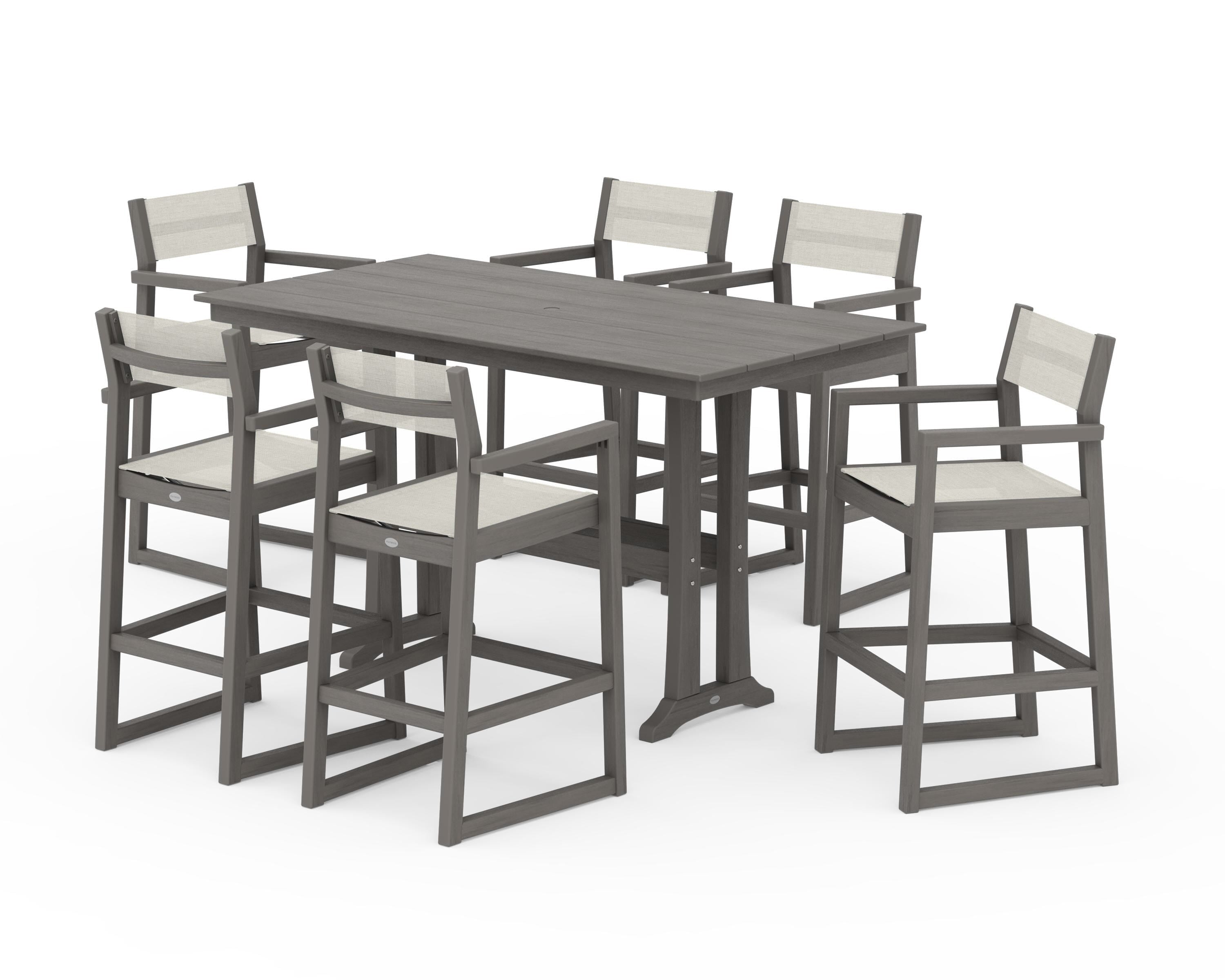 POLYWOOD EDGE Sling Arm Chair 7-Piece Farmhouse Bar Set with Trestle Legs in Driftwood / Parchment Sling