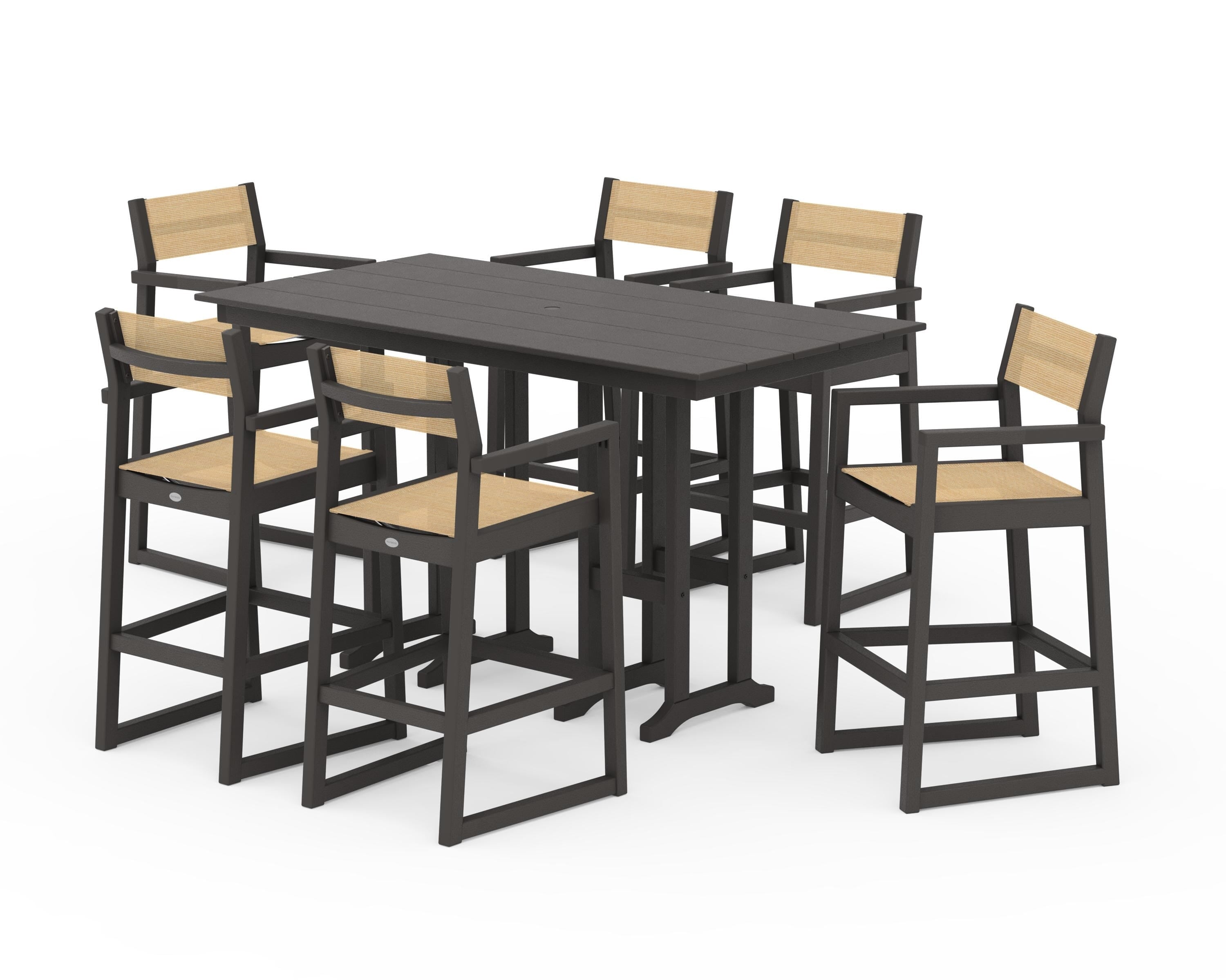POLYWOOD EDGE Sling Arm Chair 7-Piece Farmhouse Bar Set in Vintage Coffee / Dupioni Apricot Sling