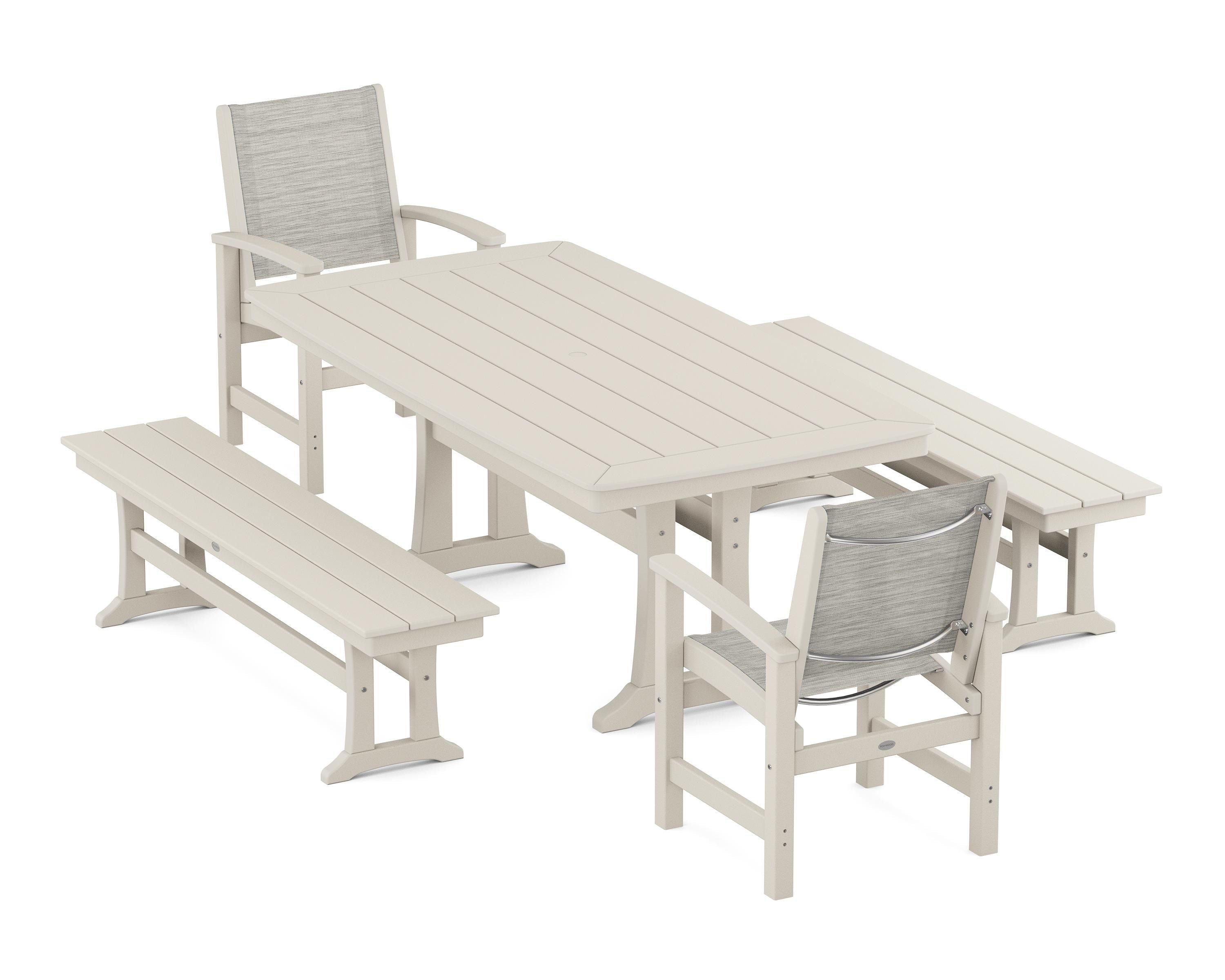 POLYWOOD Coastal 5-Piece Dining Set with Trestle Legs and Benches in Sand / Birch Sling