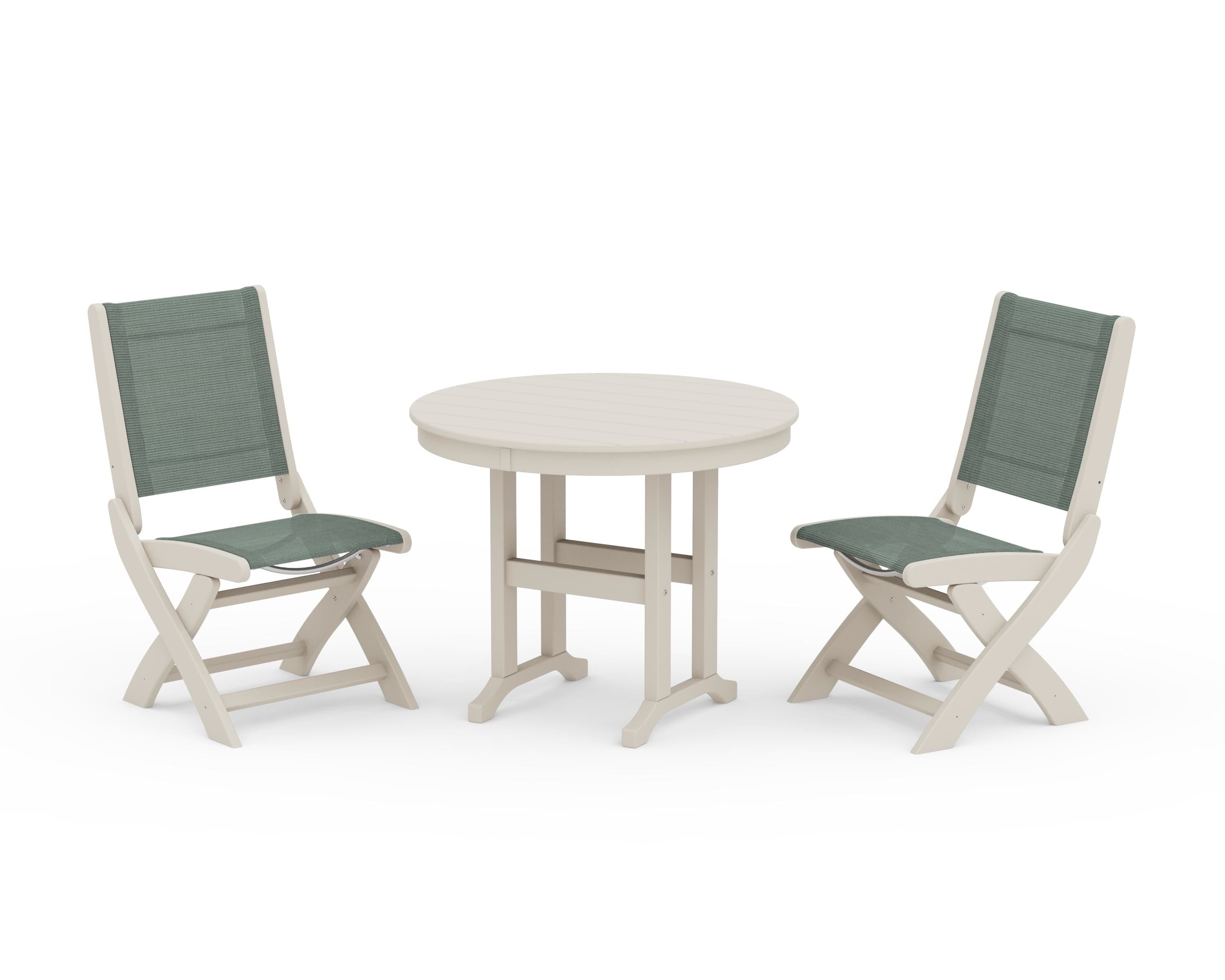 POLYWOOD Coastal Folding Side Chair 3-Piece Round Dining Set in Sand / Dupioni Sea Mist Sling