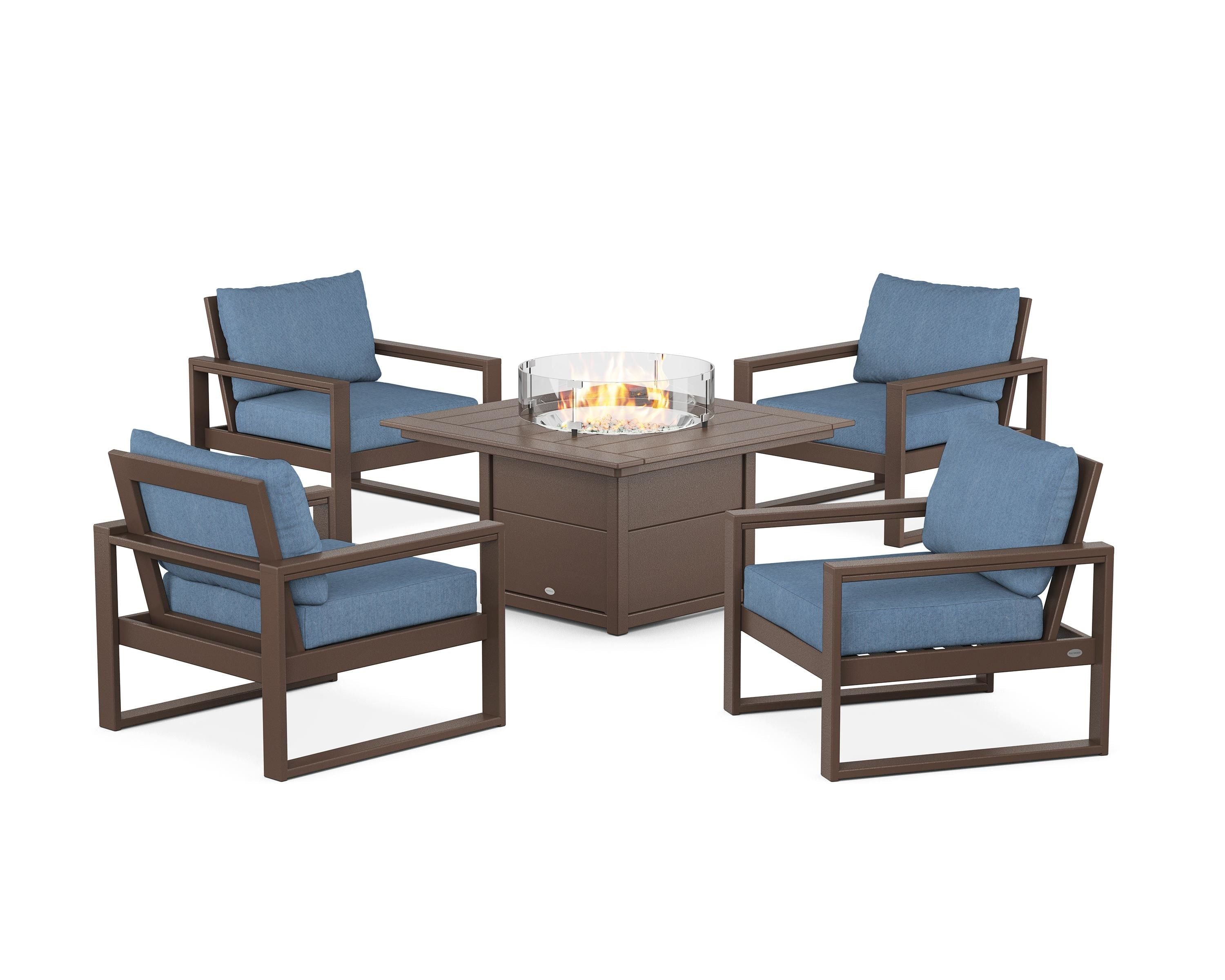 POLYWOOD EDGE Sectional 5-Piece Deep Seating Set with Fire Pit Table in Mahogany / Sky Blue