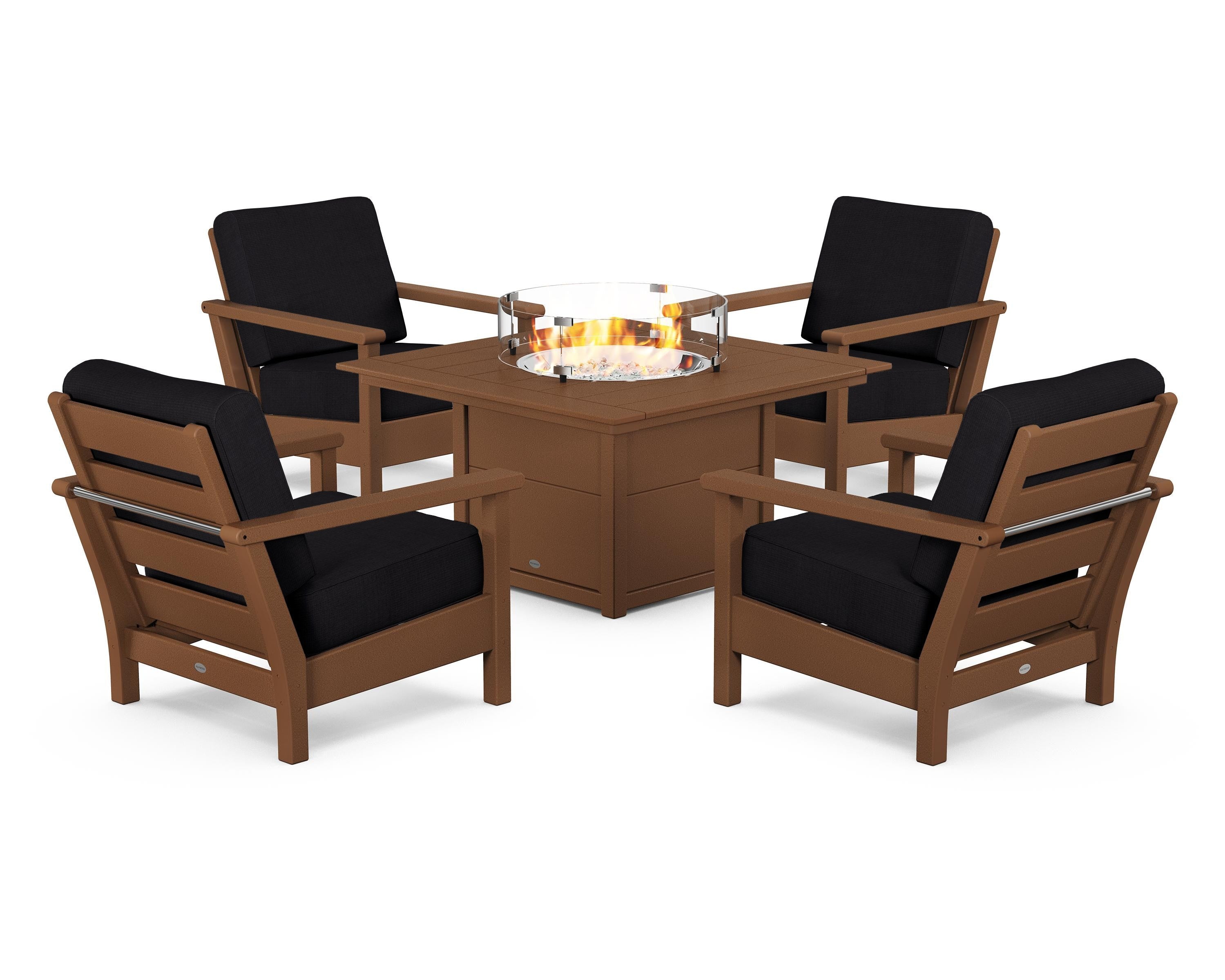 POLYWOOD Harbour 5-Piece Conversation Set with Fire Pit Table in Teak / Midnight Linen