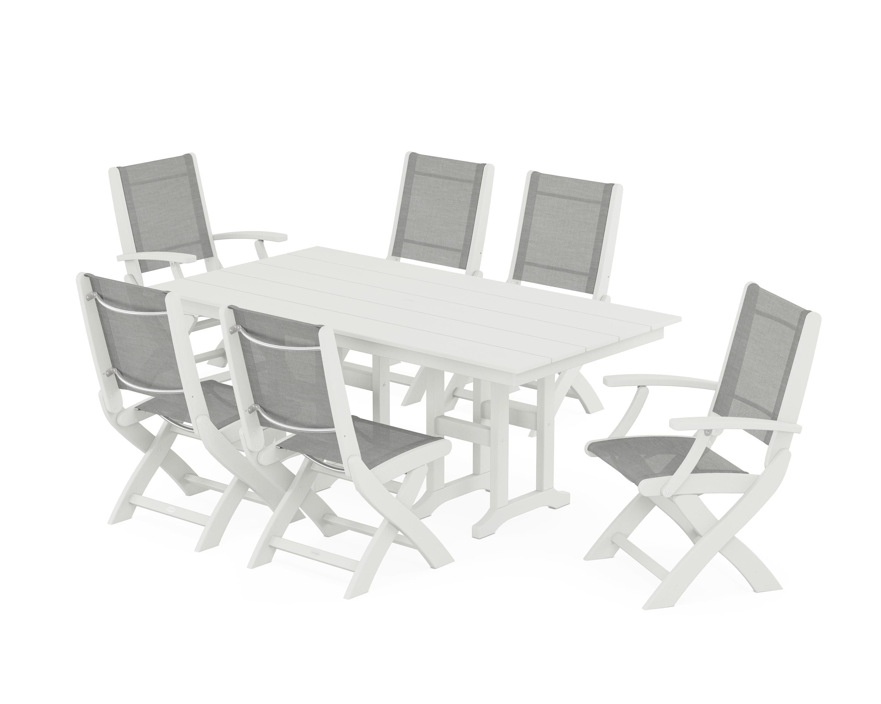 POLYWOOD Coastal Folding Chair 7-Piece Farmhouse Dining Set in Vintage White / Metallic Sling