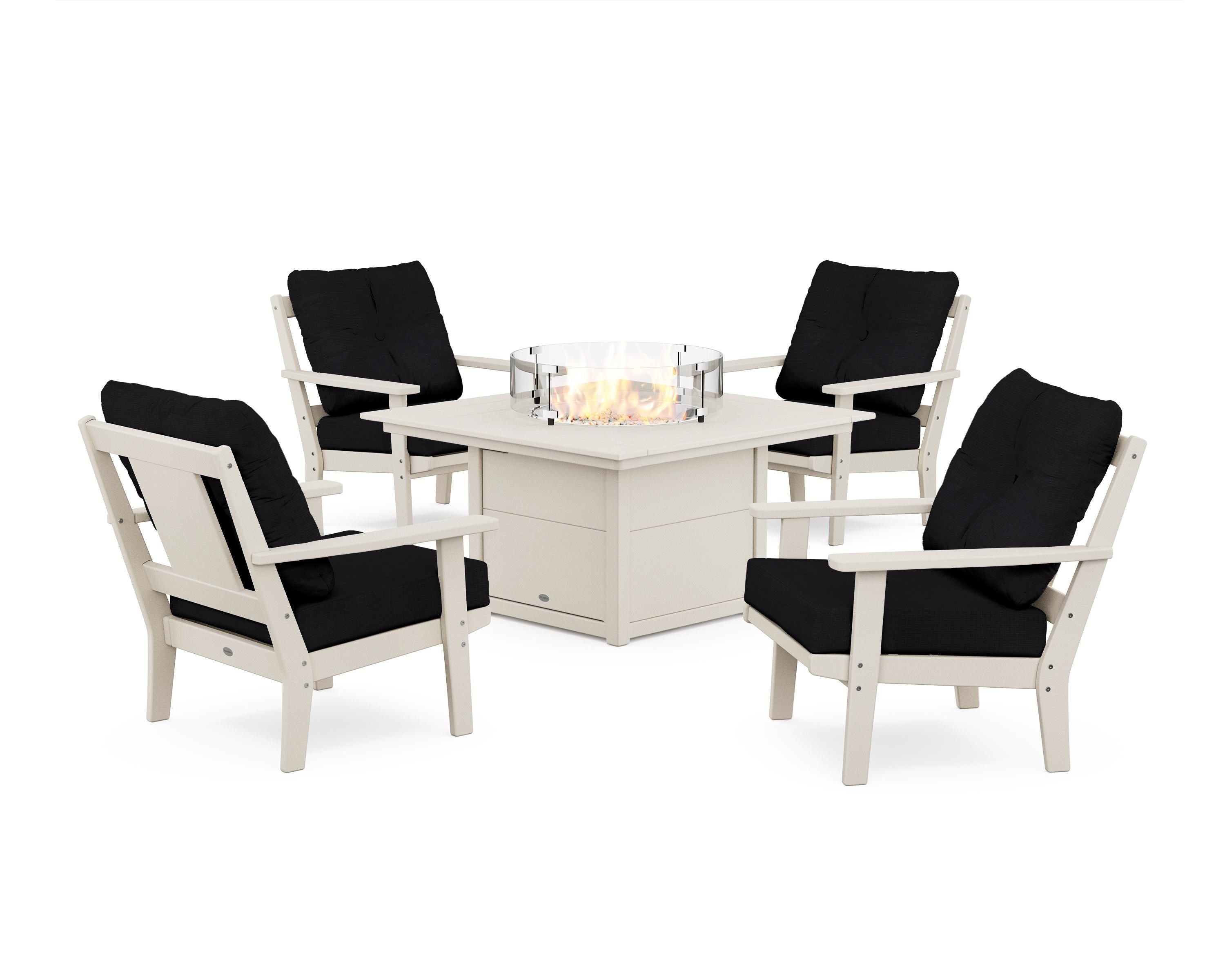 POLYWOOD Prairie 5-Piece Deep Seating Set with Fire Pit Table in Sand / Midnight Linen