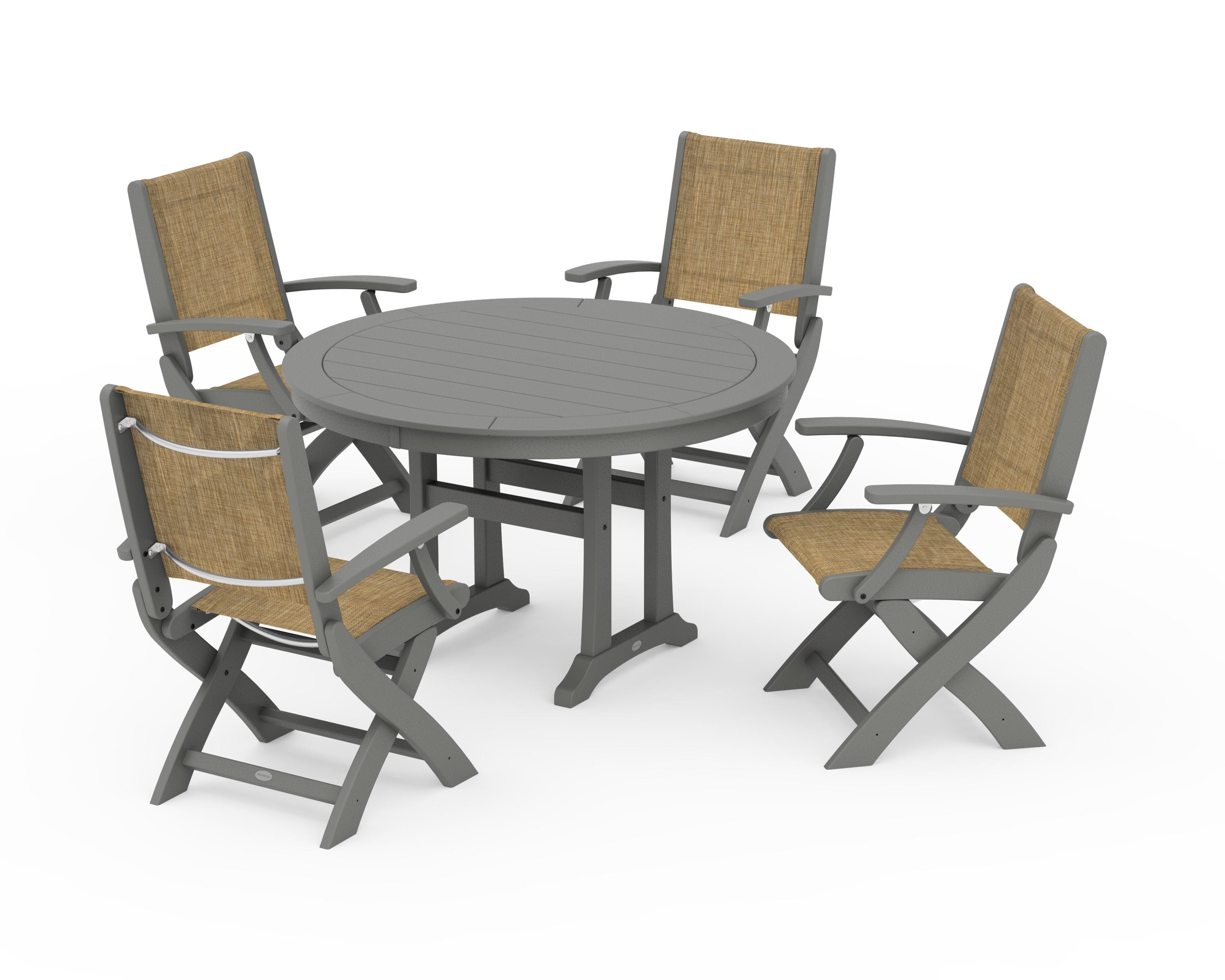 POLYWOOD Coastal Folding Chair 5-Piece Round Dining Set with Trestle Legs in Slate Grey / Burlap Sling