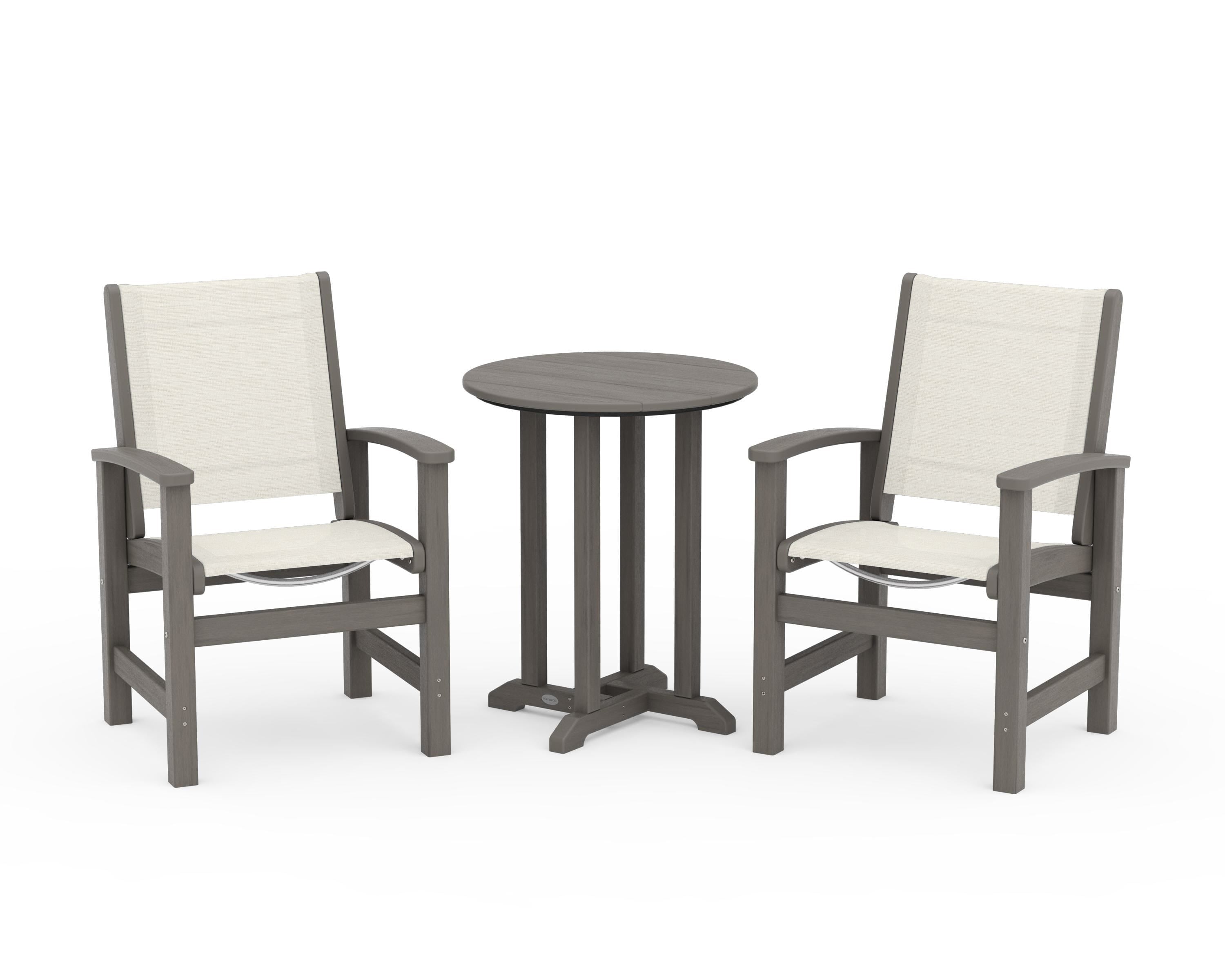 POLYWOOD Coastal 3-Piece Round Bistro Dining Set in Driftwood / Parchment Sling