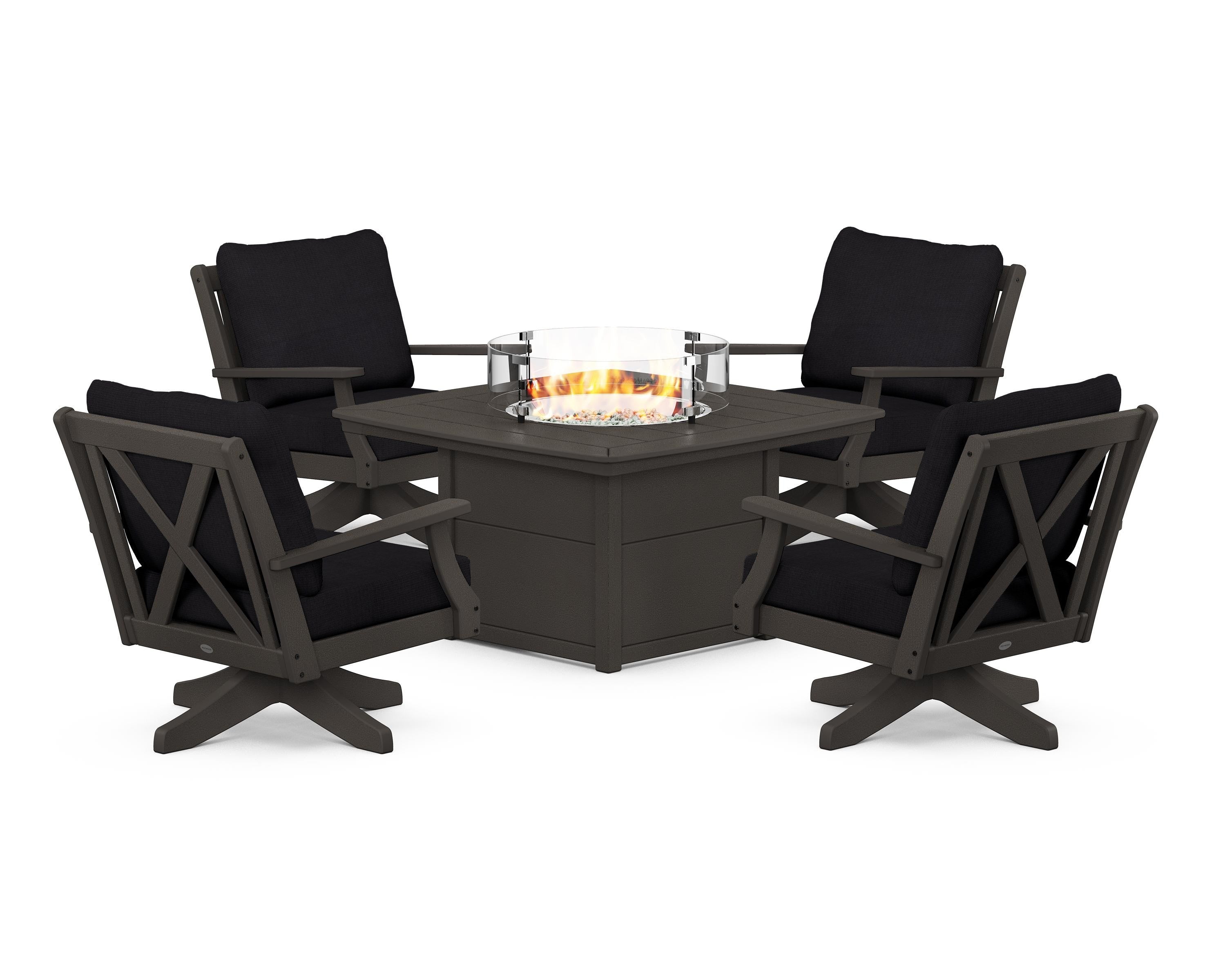 POLYWOOD Braxton 5-Piece Deep Seating Swivel Conversation Set with Fire Pit Table in Vintage Coffee / Midnight Linen