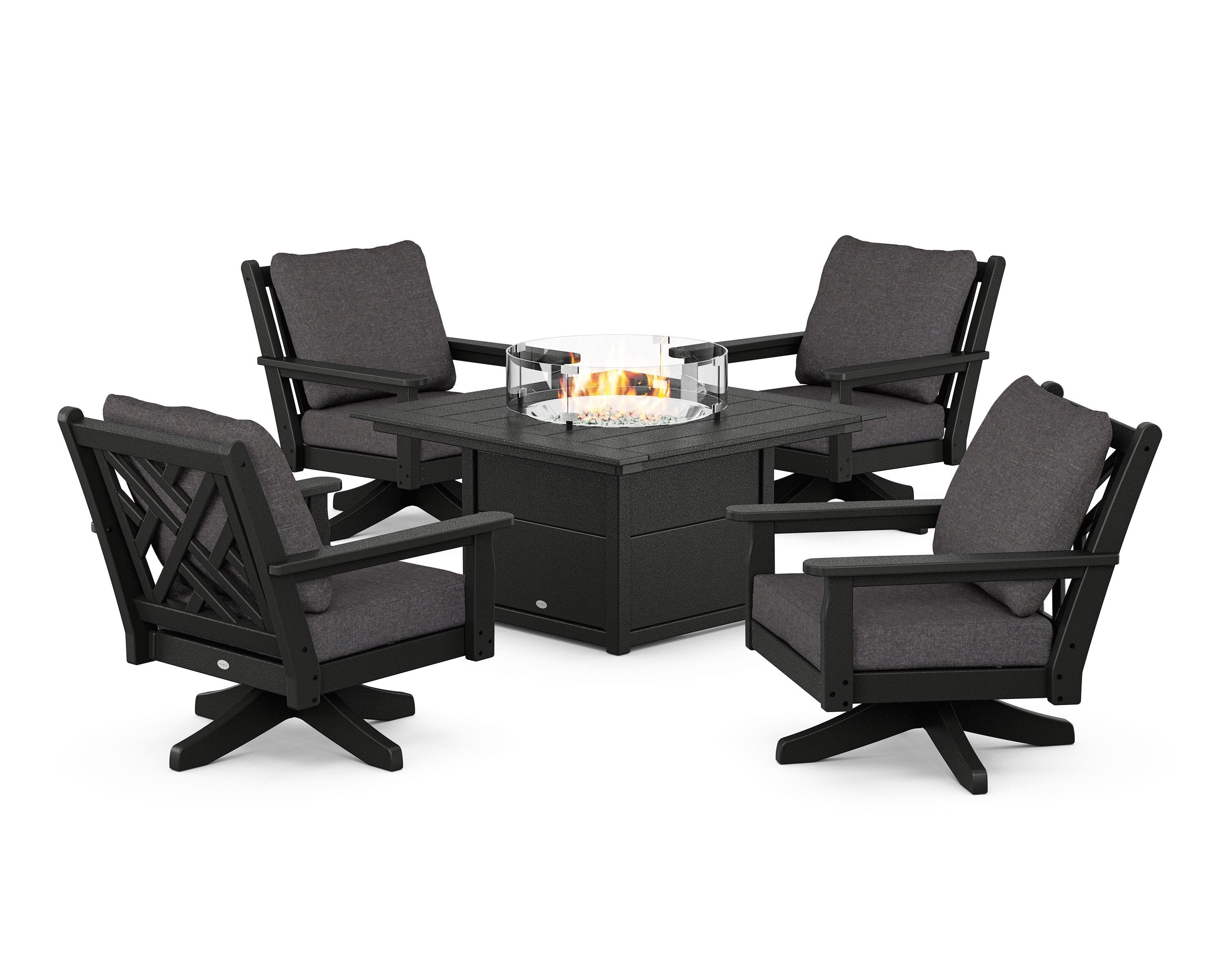 POLYWOOD Chippendale 5-Piece Deep Seating Swivel Conversation Set with Fire Pit Table in Black / Ash Charcoal