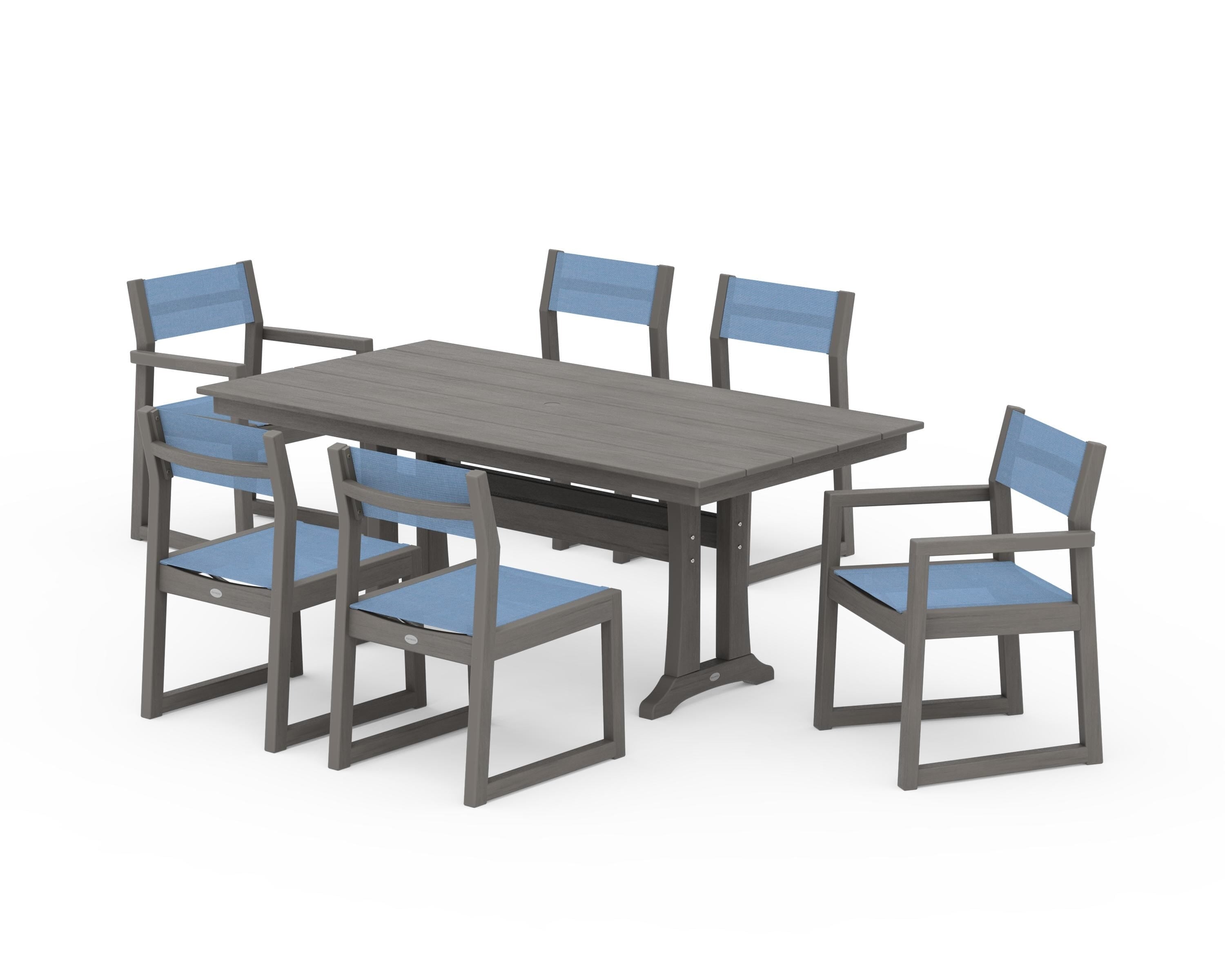 POLYWOOD EDGE Sling 7-Piece Farmhouse Trestle Dining Set in Driftwood / Poolside Sling