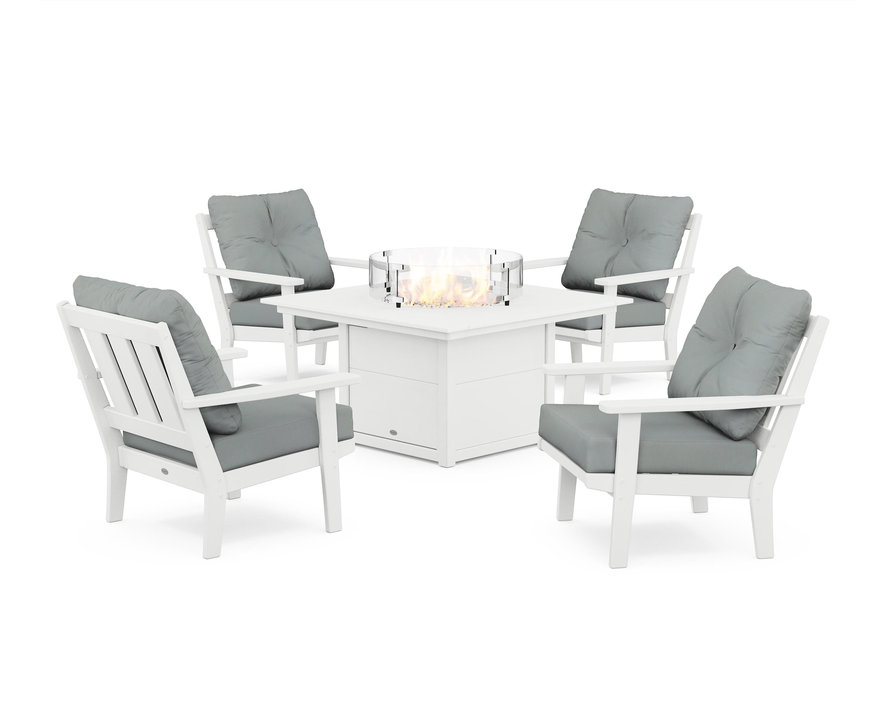 POLYWOOD Oxford 5-Piece Deep Seating Set with Fire Pit Table in White / Spa